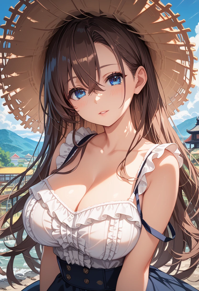 ((Skirt Lift)), (highest quality), Super detailed, (Ultra-high resolution,8K)), Ultra-high definition 4K, A girl with a lovely smile, (Big Breasts), Tank-top showing red panties , Blushing, Very hot day, Shade, Seduce, Professional photography techniques, (High-quality facial beauty)