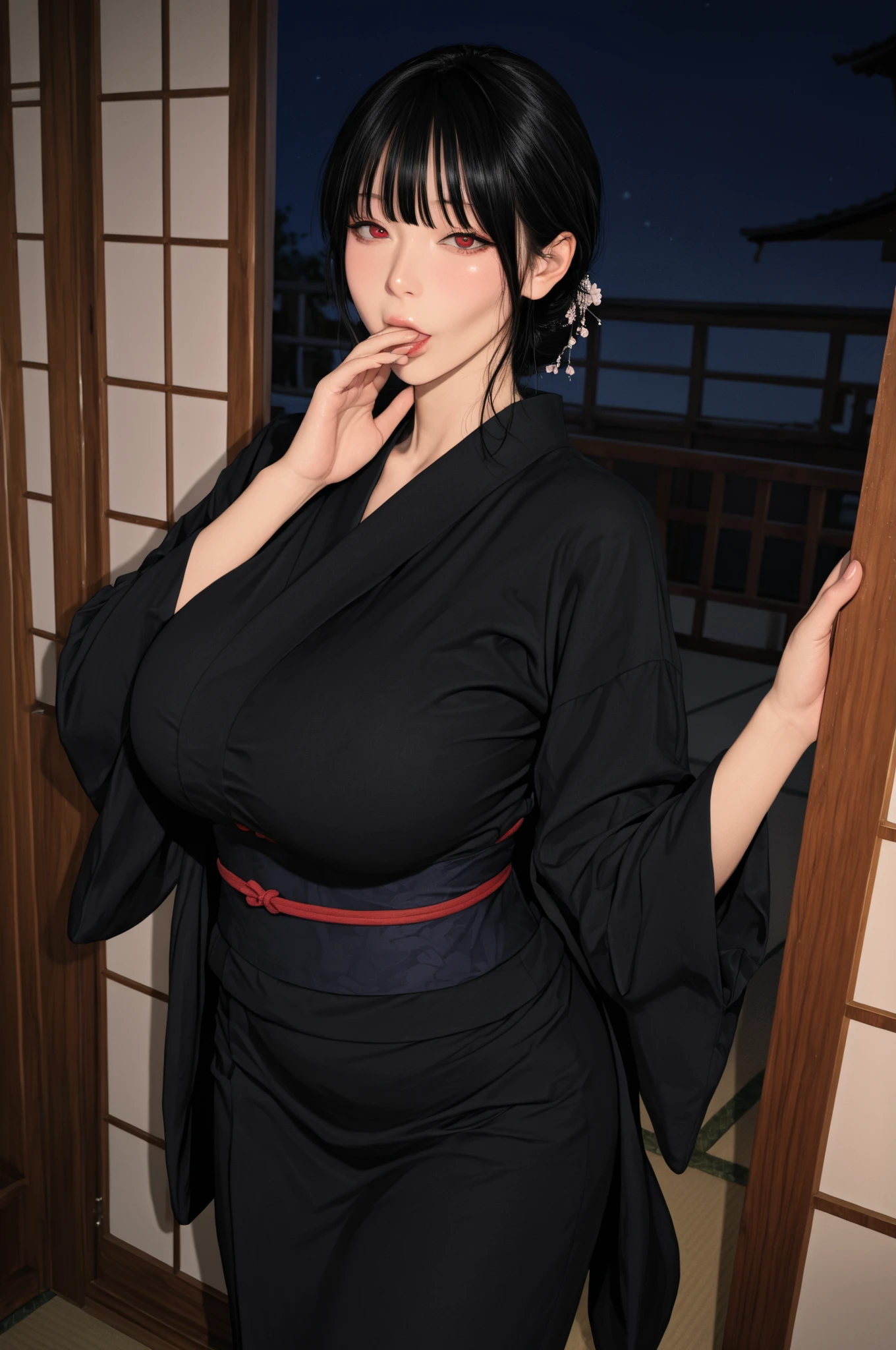 (Cinematic Light, Top Quality, 8K, Masterpiece: 1.3), (World Wonderful, Japan Goddess, Japan Beautiful Girl, Korean Goddess), (Full Body), One Girl, (Necklace, Bracelet, Anklet, Leg Ring), (Huge Breasts, Cleavage, Exposed Breasts, Sexy Cleavage, Very Detailed Breasts), (Colossal), À la Fed Woman in Kimono, Hakama Kimono, Complex Hakama, Hakama, Hakama wide-legged hakama trousers, classic kimono, kimono, Japan kimono, long beautiful flowing kimono, complex geisha kimono, red kimono with floral pattern, Japanese style, wearing kimono, inspired by Kano Hogai, --auto --s2