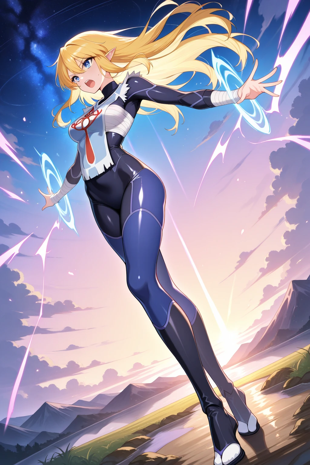 1girl, tall body, light blonde hair, aquamarine eyes, boots, breasts, bracelets, hair ornament, (shoulder-length hair, ponytail, bangs), full body with costume, (leotard, perfect leotard, gymnast outfit leotard, white leotard with blue accents, bare legs), hi-tech shoulder pads, (white boots), medium breasts, perfect hands, complete fingers, perfect anatomy, perfect proportions, solo, solo focus, superhero, ((blue lightning logo on chest)), beautiful detailed eyes, beautiful detailed face, age 18, asuka suit. crossed arms. she spins at an incredible speed, creating a whirlwind of air around her, she spins at super speed, spiral lines and tornado winds round her, curbed sword slash.