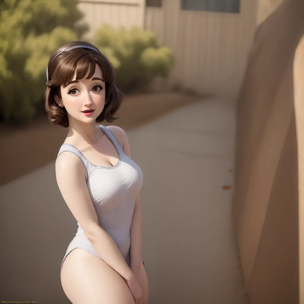 xyzvelma, NSFW, 1girl, nude, beautiful, head to foot, cycles render, brown hair, bob cut, glasses, large breasts, brown pubic hair, standing on the beach