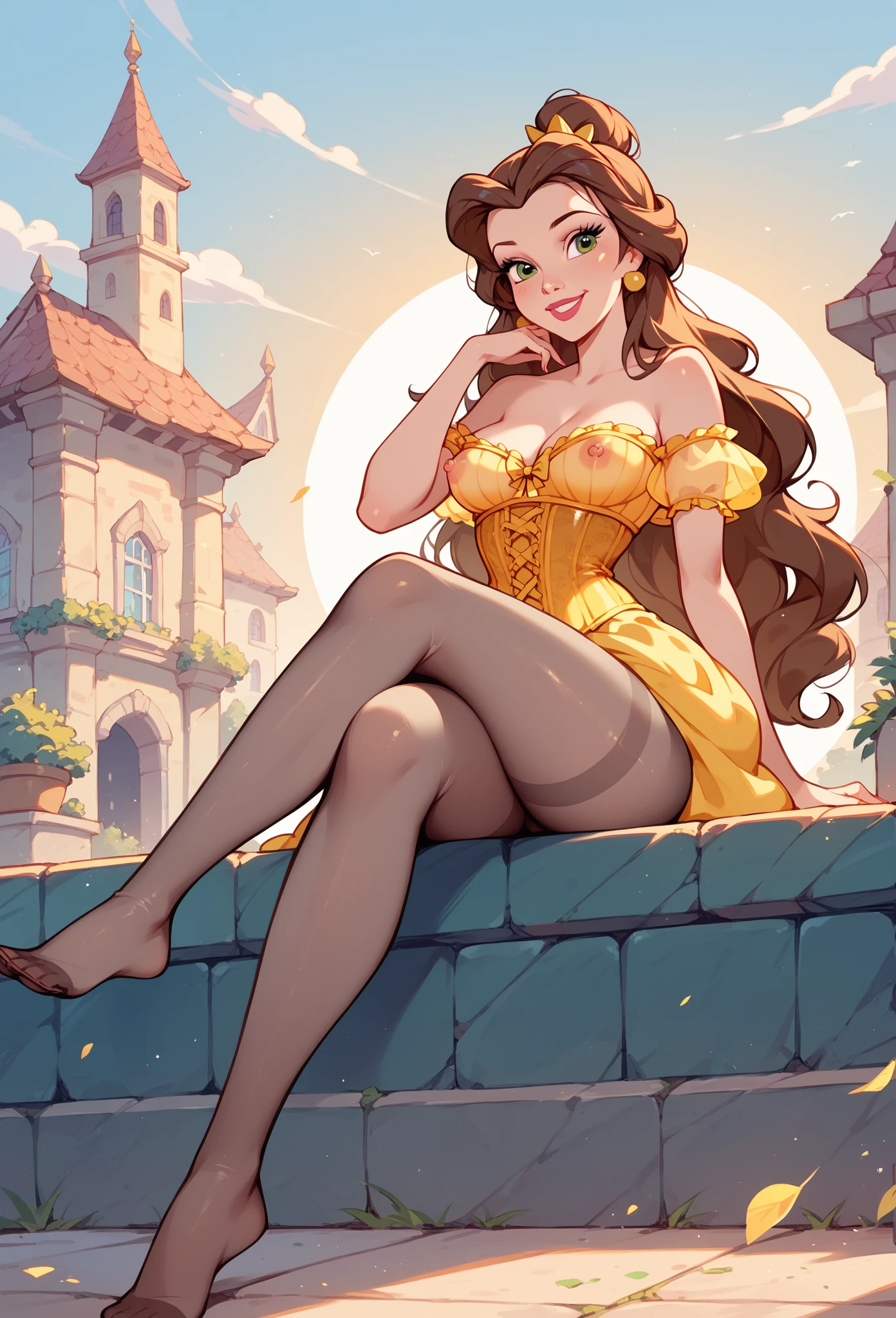 Esmeralda (Disney), big breasts, deep cleavage, white blouse, blue corset, purple skirt slit on both sides, white garter belt, sitting on a bench in a castle garden, legs spread, view from below her