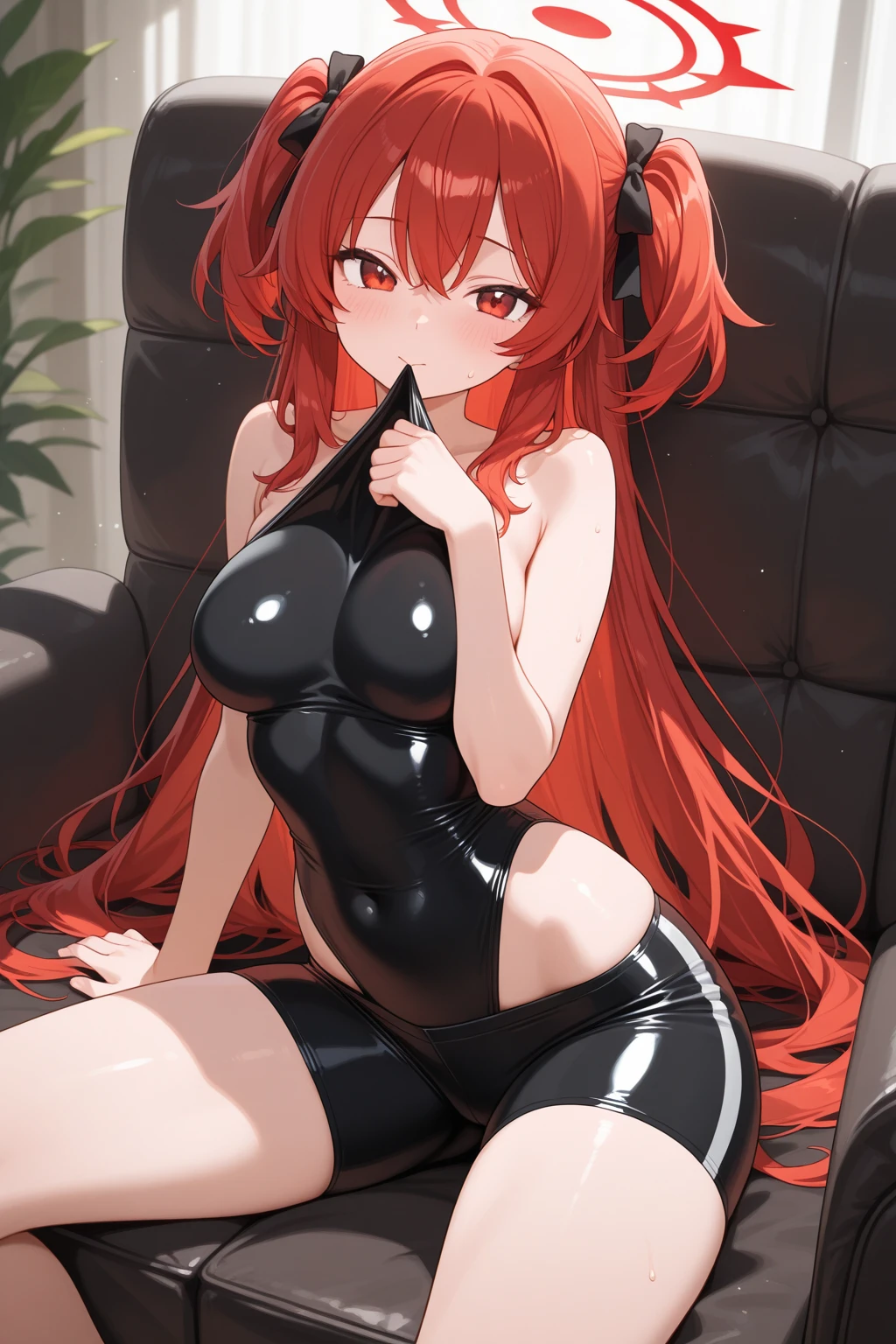 Happy woman, with wolf ears and red hair, holding her cheeks, wolf tail, wearing a latex dress, looking at veiwer, full body, you can see her chest, naked breasts