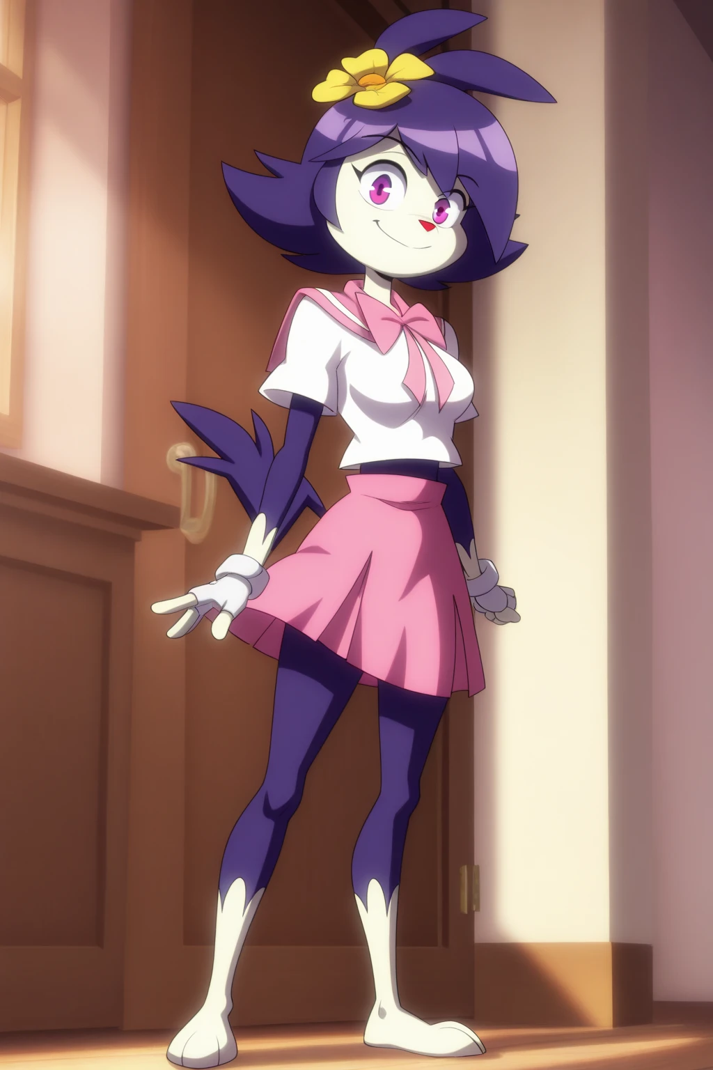 animedot, girl, Female, anthro, portrait, (best quality), standing in front of the viewer, Toony, thin hips, sexy female shapes, sexy purple rounded butt, big white breasts with pink nipples, presenting purple innie pussy, sexy white legs, light purple eyes, white face, light red small nose, short purple hairs with yellow flower, purple body, short white gloves, white calf and white feets, purple arms, sexy, seductive, very short raised lifted up pink skirt,