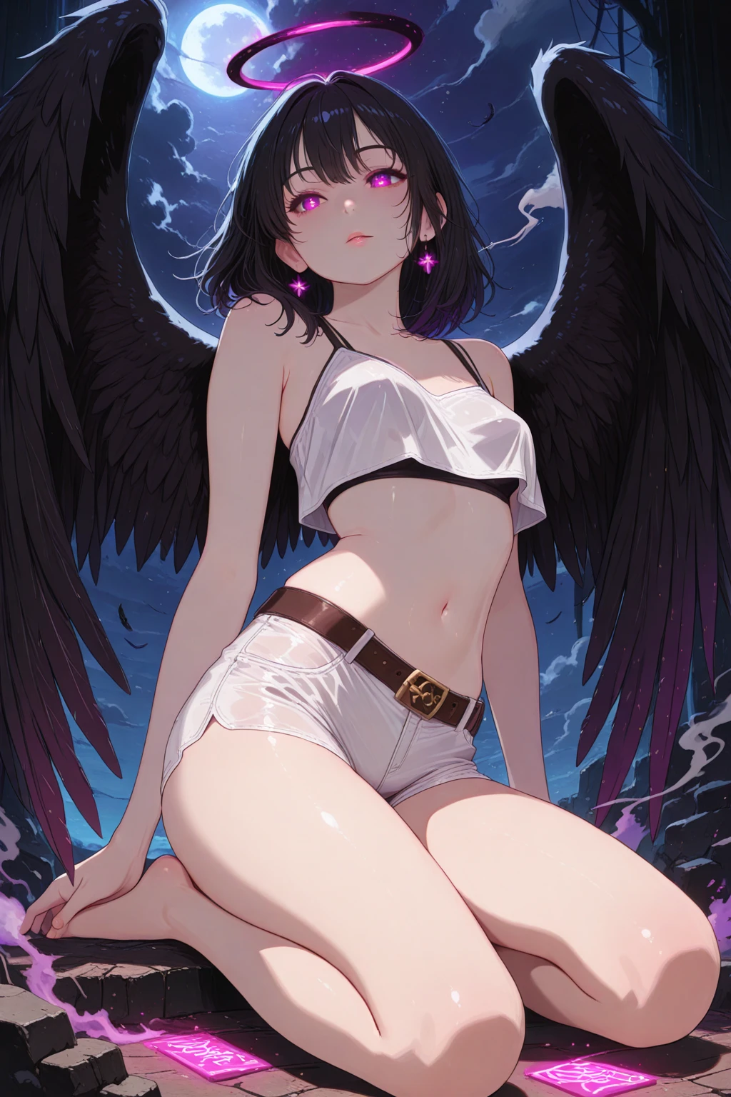 Beautiful girl,Korea, sitting among red light neon,
18 years old,Short hair, shoulder length,black hair, medium breasts,wet, sweat, camel toe, red lips ,Wear glasses,
White underwear, sexy pose,
red eyes, spread your legs, กางเกงใน girl, baby face,
Two horns and a red demon tail, slim, angel wings,