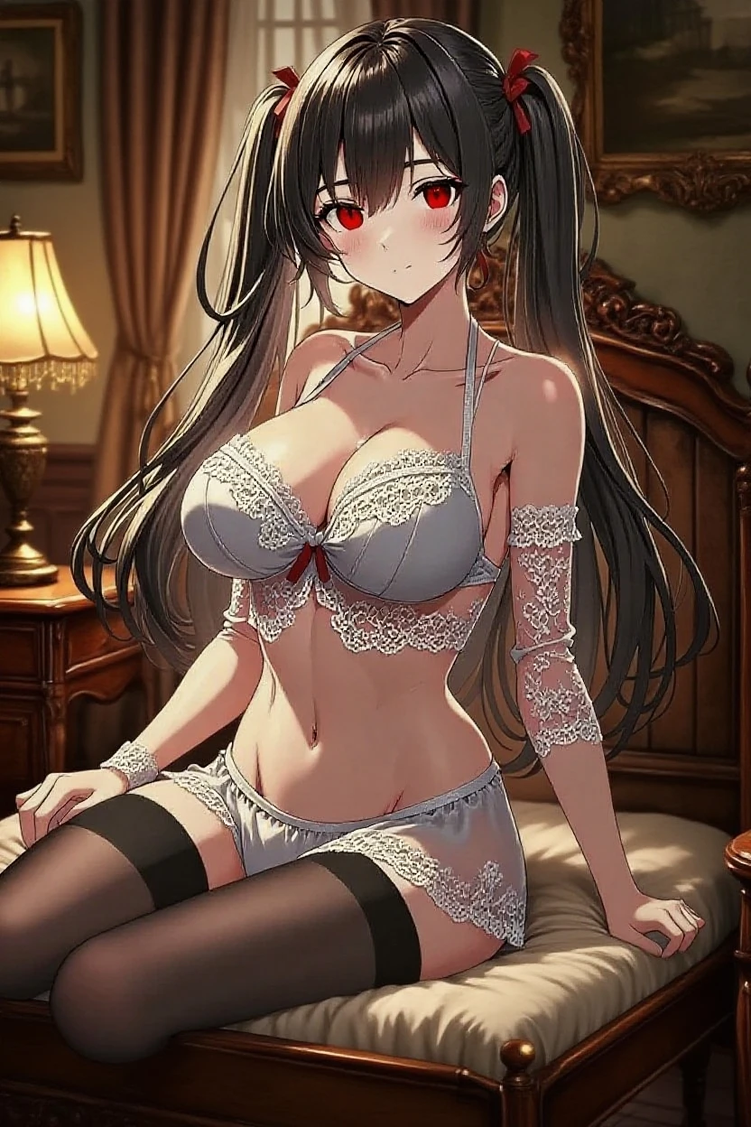 Anime, a glamour shot of a smiling MILF, busty, wavy dark curly hair, busty, big ass, Standing demurely with her legs crossed in a bedroom, long sexy legs, leaning toward the viewer, with Smokey eyes and knowing smile wearing a revealing red and white corset, lace stockings, insanely detailed face and eyes, intricate, hyper-detailed bedroom, hyper-detailed romantic setting, dark Candlelit room, champagne, digital illustration, masterpiece, beautiful eyes, atmospheric lighting, centered, perfect anatomy, glowing eyes, candid portrait, clear, very detailed, smooth, sharp focus, focused on the viewer, facing the viewer, posing for the viewer