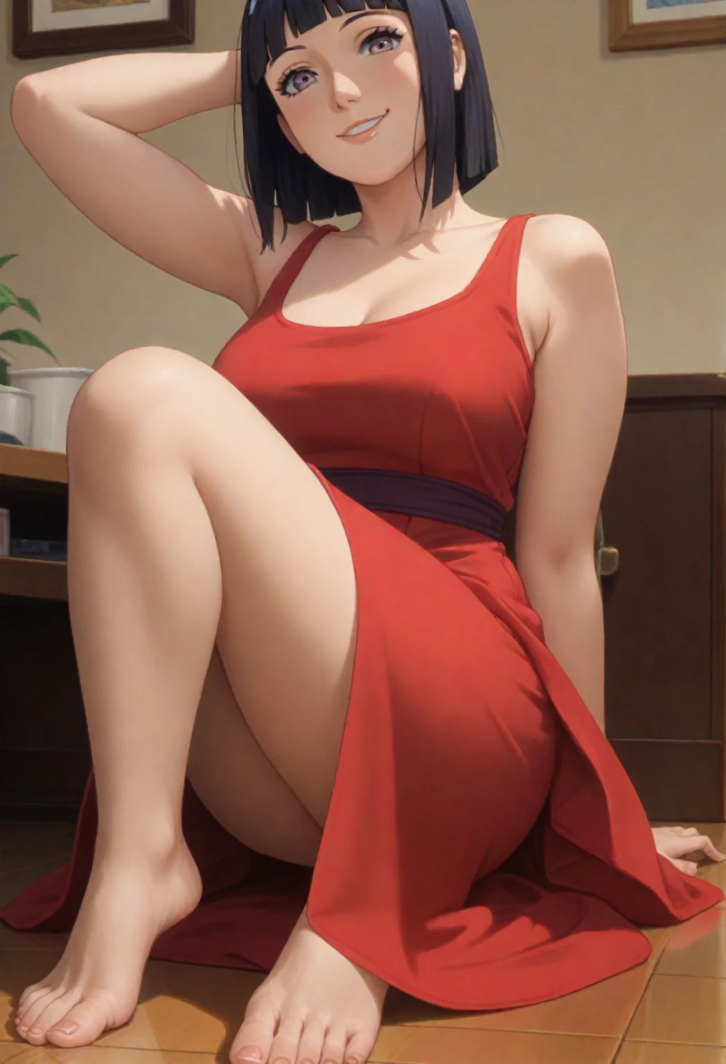Yamashina Mizuho, masterpiece, best quality, an attractive sexy mature woman sitting on a bench in a kimono, 1girl, solo, japanese clothes, breasts, cleavage, kimono, no panties, female pubic hair, pussy, feet, nsfw, dress lift, spread legs, legs up, japanese sandals, seductive smile, red face, hair ornament, chignon hairstyle, single hair bun,