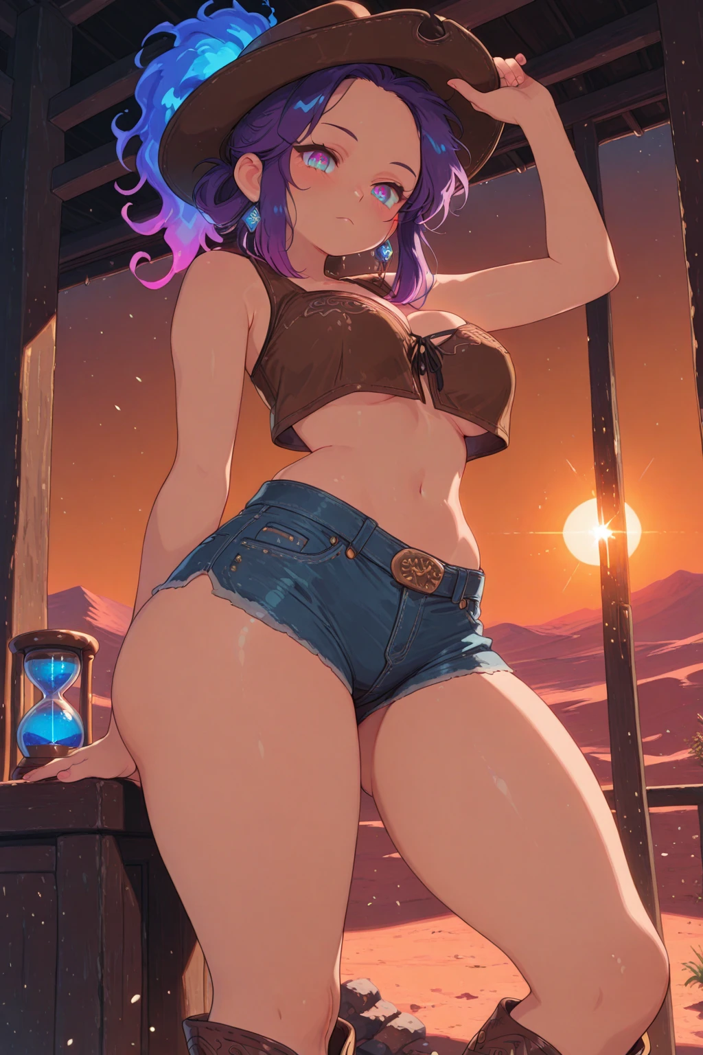 (((solo,1woman, mature, alone))), gwen \(league of legends\), ((blue hair, twin drills, glowing blue eyes, wide eyes, makeup, narrow waist, skinny, medium breasts)), pelvic curtain, ((black panties, black bra)), full body, perfect body, (insanely detailed, beautiful detailed face, masterpiece, best quality), (extremely detailed 8k paper CG wall unit: 1.1), (florest scenery, plant, field, night, color, yellow, red, cloudy sky)), (smile face for the viewer), cameltoe
