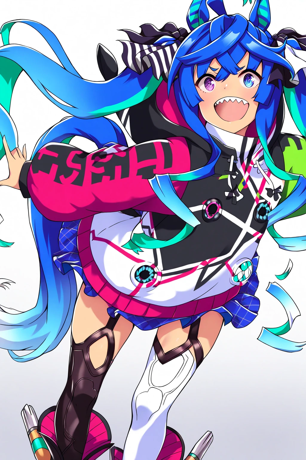 1 girl, black horns, solo, thighs, hood, long hair, long sleeves, blue hair, choker, hood down, looking at viewer, hood, black thighs, hair ornament, black hoodie, smile, choke, eyes yellow, black choker, zettai ryouiki, closed mouth, blush, purple shoes, polka dot background, hair between eyes, very long hair