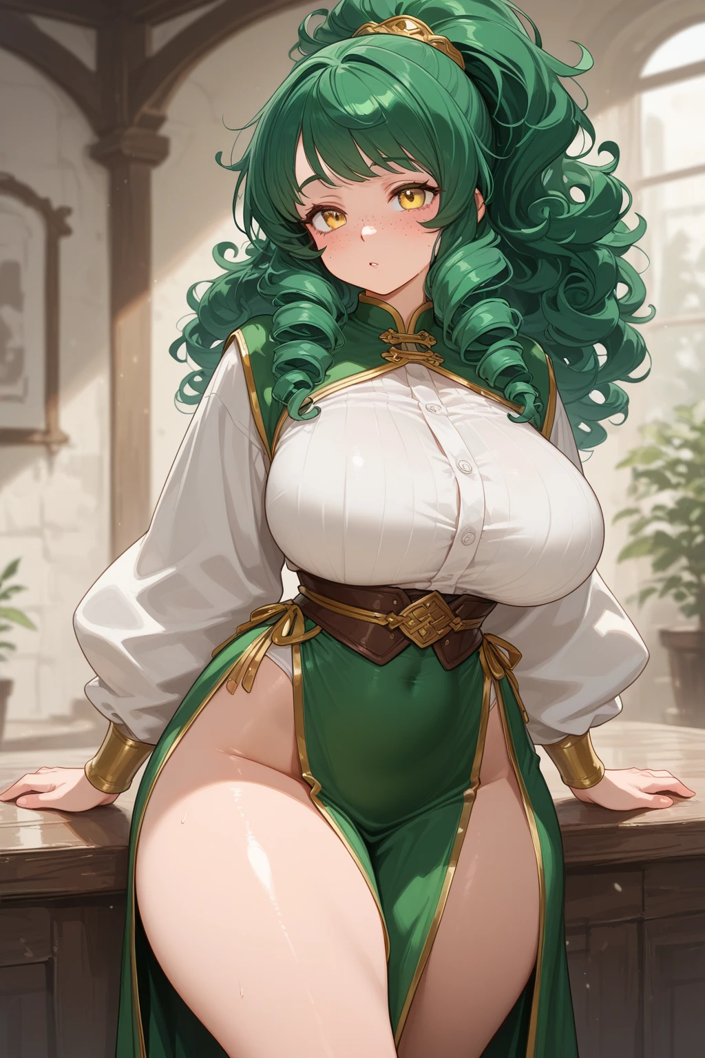 She was a formidable fighter, with long, lush green hair and a green and purple outfit adorned with armor-like details. Her robotic parts on her legs and arms only increased her prowess in hand-to-hand combat, highlighting her perfect body and natural curves. Her lush, firm, natural size 3 breasts stood out beneath the armor, exuding sensuality. With an elegant and confident posture, she contrasted with the corpulent woman at her side, with flaming hair, burning eyes and sharp fangs. Her voluptuous hourglass figure, with robust breasts measuring 113.5 cm, made her even more irresistible.