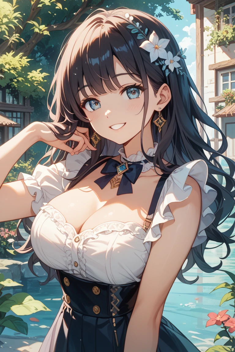 (masterpiece), (best quality), (Super details), (disheveled hair), (illustration), (1 名girl), (interview), (Brief Background), Beautiful and delicate eyes, Exquisite and beautiful face, floating, (high saturation), (shine), focus on face, black hair, Bangs, Smiling all over, floating Hair. girl, A teenage girl in love, pixiv illustration, quality, Super detailed, Smile, ingenious, pretty face, 4k, nature, sunlight filtering through the trees,The clothes are wet,cleavage, Nipples