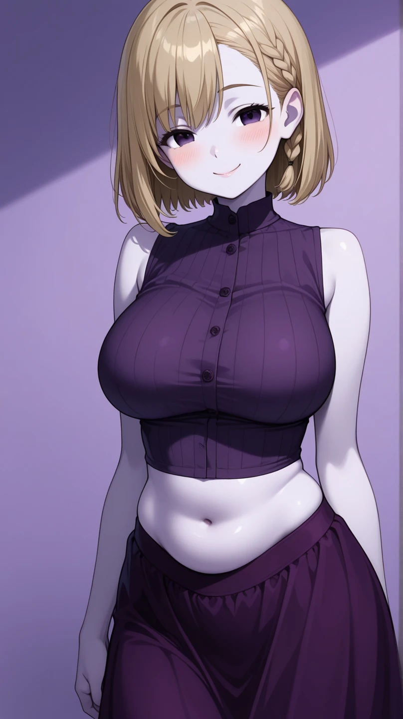 (((White panties))), Down blouse, (Nipples are visible:1.3), Bruises,One girl, bangs,Hair between the eyes,Side Ponytail, Purple eyes, Black choker, clavicle, No sleeve, Black Dress,No sleeve dress, Halter neck,Pleated skirt, Black gloves, Half-closed eyes, Expressionless, smile, Outdoor, View the viewer, (masterpiece,Highest quality:1.0),Browsing Caution,