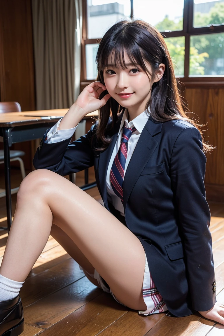 (Tabletop, highest quality:1.2), 8k, Official Art, Full body photo, Whole Body Ezbian、Emma is tying her tie.pants、Cute Smile、Cute ass、Keep your bag cool、Black-haired、14 years、、fun、Laughter、unbelievably ridiculous, (Upper Body, Dark blue suit:Cute tie 1.4), beautiful girl, Pretty face, lean back, Cute ass、Gold ornament in hair、Wearing a cute suit、Strike a Pose、Raise your hands、close, Wearing a suit, Short sleeve, Gardenia, Violet, Teen, street, View your viewers, Film Grain, chromatic aberration, Sharp focus, Face Light, Dynamic Lighting, Cinema Lighting, Eyes and facial details, Bokeh Background, (A tie with the word &quot;Emma&quot; written on it、1:1.2)、((Sexy panties in full view:1.05))、((Spread your legs wide:1.45))