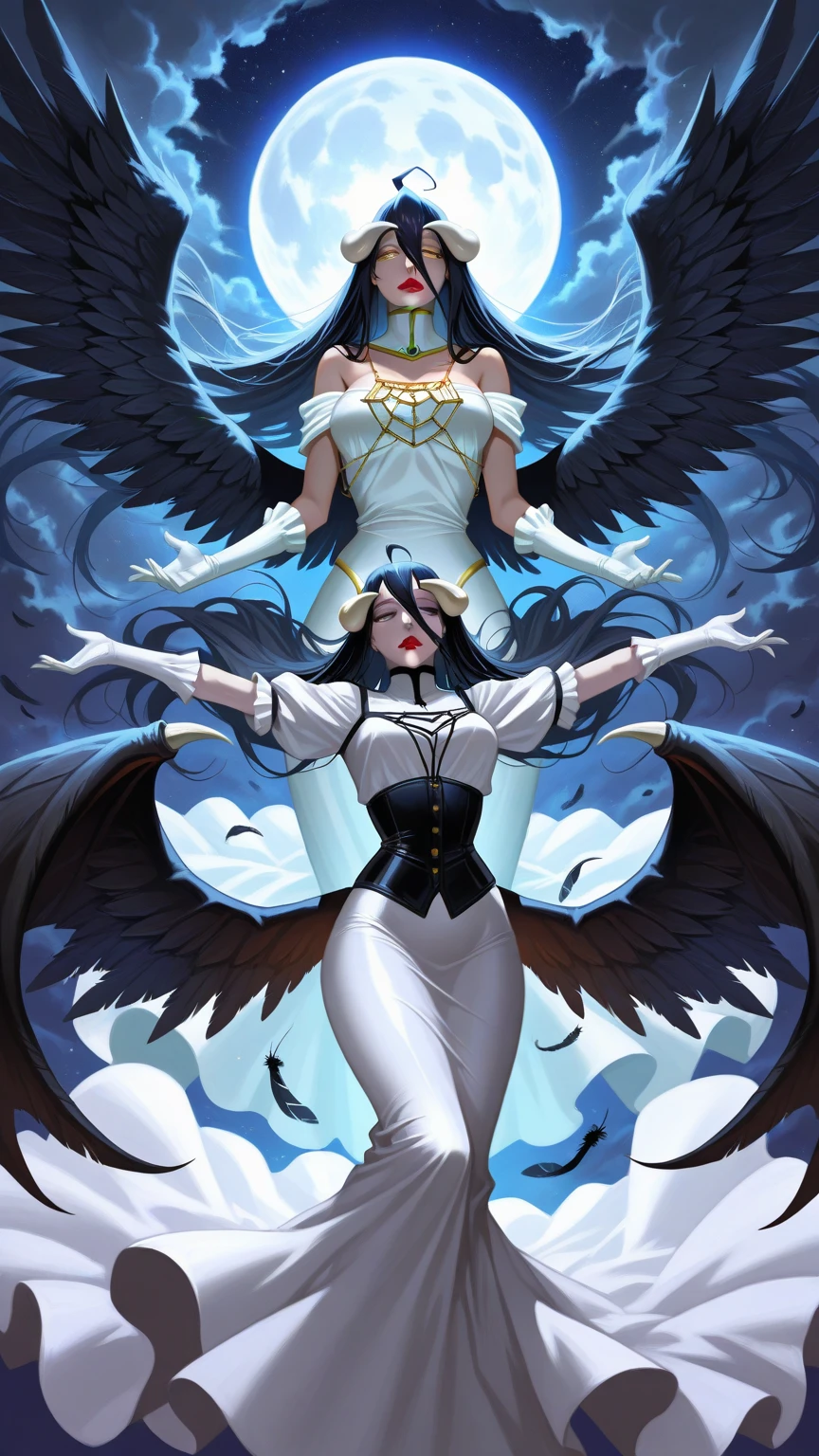 (best quality), ((masterpiece)), (highers), original, extremely detailed CG unity 8k wallpaper, (white is maincolor:1.5),meture female,lady, 1 girl,cowboy shot, indigo hair, indigo lips,indigo eyeshadow,closed eyes, indigo tear stains,small breasts,angel wings, hood,symmetry, long hair, halo, dress, own hands together, bare shoulders, white dress, angel wings, detached sleeves, angel, hair between eyes, closed mouth, feathered wings, bangs, wide sleeves, glowing, long sleeves, jewelry, strapless, strapless dress, detached collar, very long hair, standing, praying, laurel crown,