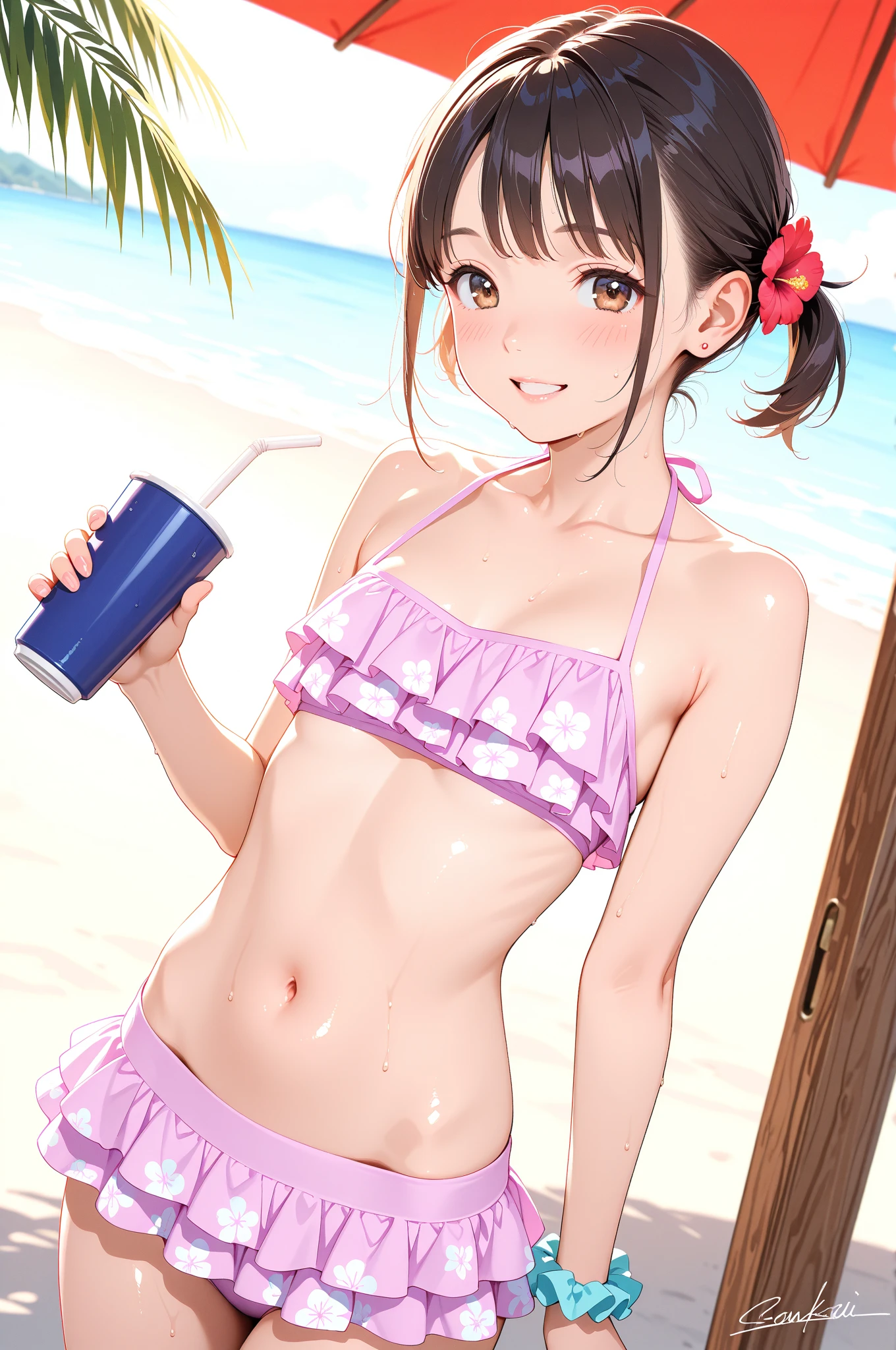 Everlasting summer、naked、Pink dress、Showing underboob、Belly button、Pussy、See-through、Straw hat、watermelon、Hold in mouth、Light brown hair、Wide forehead、short hair with twin tails、Tropical Juice、Get angry、smile、Crouch down、Cleavage、