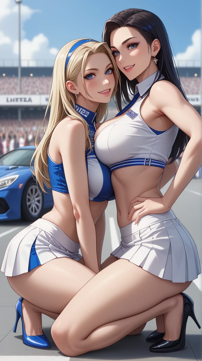 Highest quality、super high quality、16K, Breast size is random、Facial expressions are random、Location is random、 Hair color is silver hair、The pose is hugging、The distance is random、Angle is from the front、Small face、Very delicate facial expressions、Delicate eye depiction、Highly detailed hair、Erotic、18-year-old female、Glowing Skin、Soft Skin、The only sexy Japanese woman、Race queen outfit random、Two female models、
