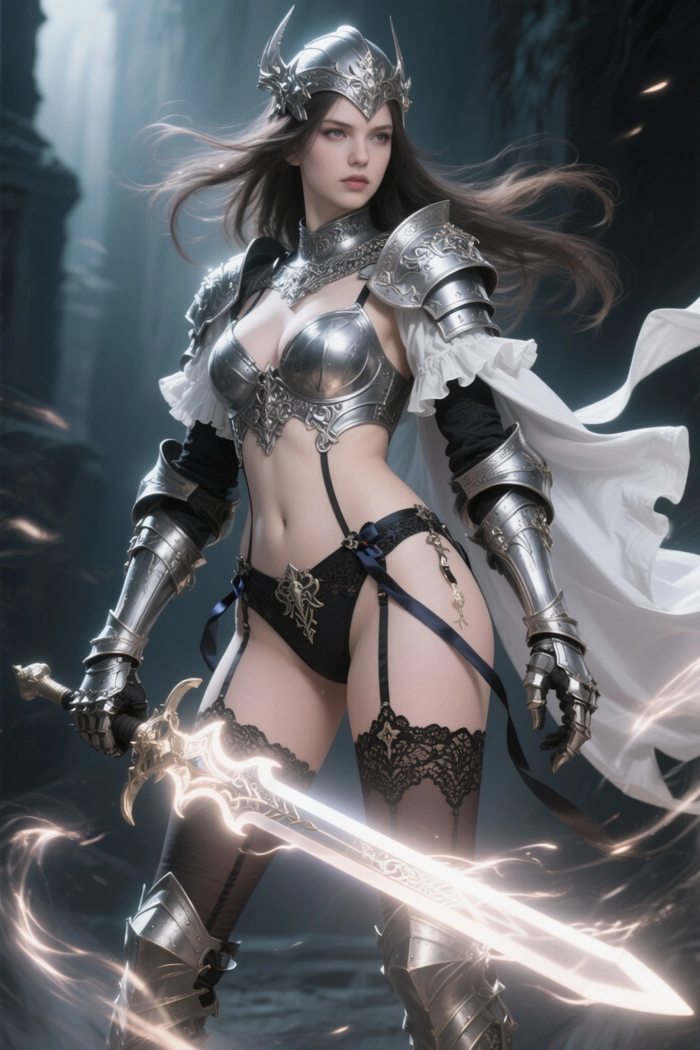 A cute girl, 8K resolution, portrait quality, rich details, pretty eyes, sword scene, wounds, D-cups, fierce expression, short hair, 45° side full body shot, rose hairpiece, white hair, small round face, heroine outfit, battle armor, strangled flesh on legs, white skin, mood lighting, aperture f/1.2