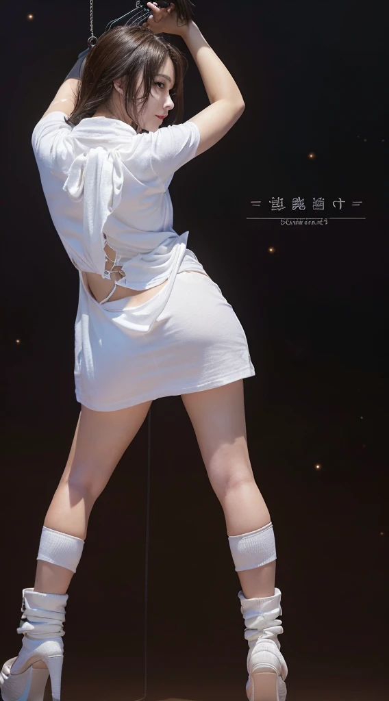 (Raw photography、top-quality)、(realisitic、Photorealsitic:1.3)、Focus Focus、​masterpiece、extremely delicate and beautiful、A highly detailed、nffsw、astonishing、finely detail、Highly detailed ticker Unity 8k wallpaper、ultra-detailliert、hight resolution、absurderes、Lit up、((High Ponytail:1.3))、a beautiful detailed girl、Detailed finger、extremely detailed eye and face、posterior view、1girl in、cute little、(Whole human body:1.3)、(large full breasts)、Beautiful detailed thighs、、Beautiful big ass、Toned waist、(a miniskirt)、(Buttocks that do not fit in the skirt)、(Inter-strands、Black panties:1.5)、Clothing that exposes the waist area