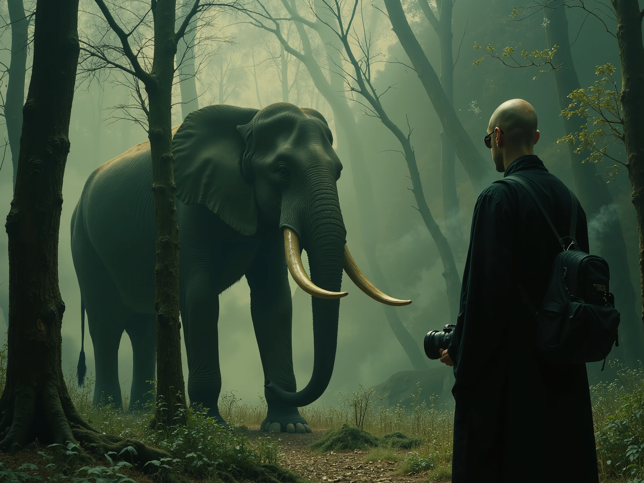 In a tranquil forest bathed in mystical light, a serene encounter unfolds between a majestic elephant and a a bald man wearing sunglasses and a long black robe. The elephant stands calmly, its presence commanding yet peaceful, with large ivory tusks that contrast against the muted green backdrop of the trees. A bald man holds a DSLR camera in his hand and a black camera bag on his shoulder as he faces the elephant, embodying a sense of reverence and harmony. A soft mist clings to the forest floor, creating a mystical atmosphere, while dappled sunlight filters through the foliage, casting ethereal shadows. The scene evokes a timeless connection between nature and spirituality, highlighting the simplicity and profundity of such a relationship. This striking image captures a moment of mutual respect and tranquility amidst the untouched beauty of the natural world. dramatic lighting, Dark Cinematic Style, moody mystical atmosphere, high quality, photorealism, masterpiece, professional photography, intricate details