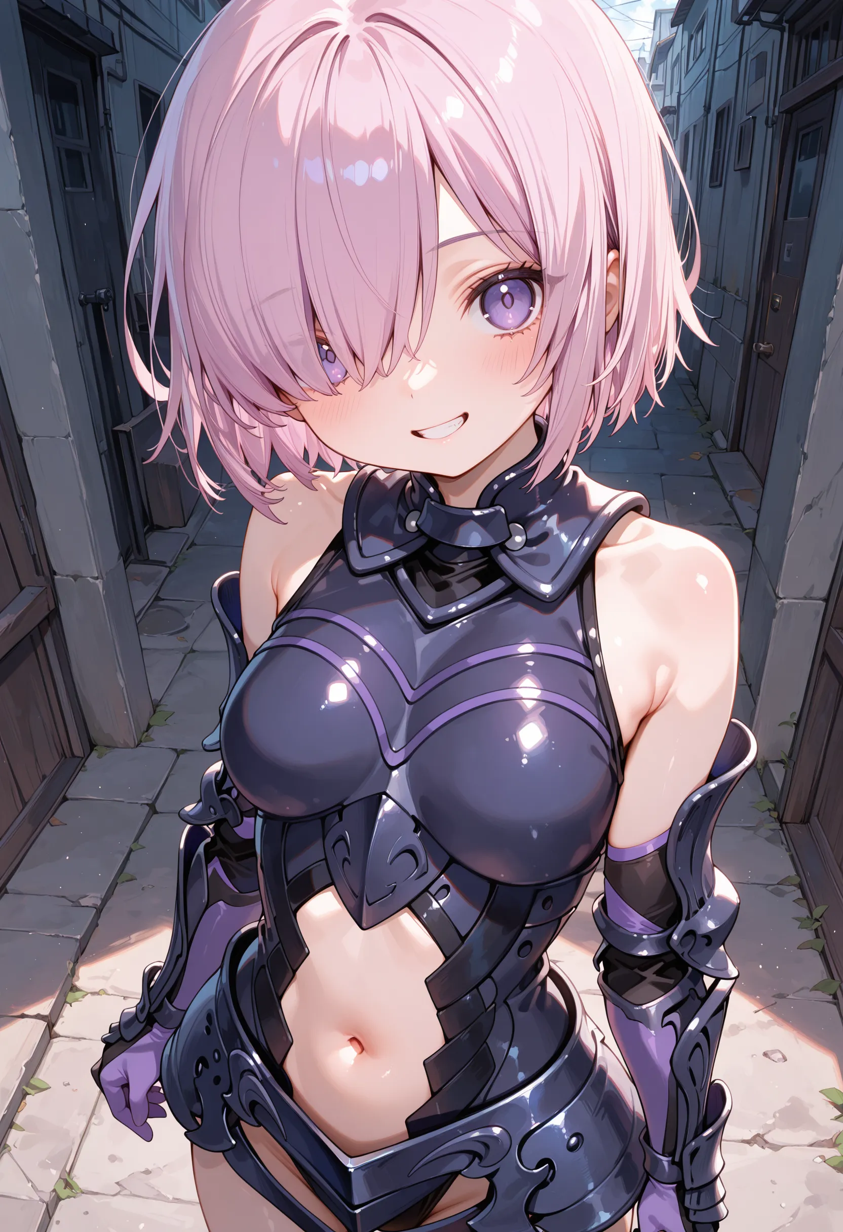 ahegao、whole body、mash kyrielight、short hair、purple eyes、pink hair、hair over one eye、gloves、bare shoulders、elbow gloves, armor、black armor、black armor、boots、smile、Ultra-detailed illustrations、Ultra-precise expression、masterpiece、Highest quality、ultra High resolution、High resolution、Hiromitsu Takeda Style、White background、Simple Background、whole body、One girl、solo、White Breath、Sweat、Glowing Skin、shiny skin、Front angle、View your viewers、stand、