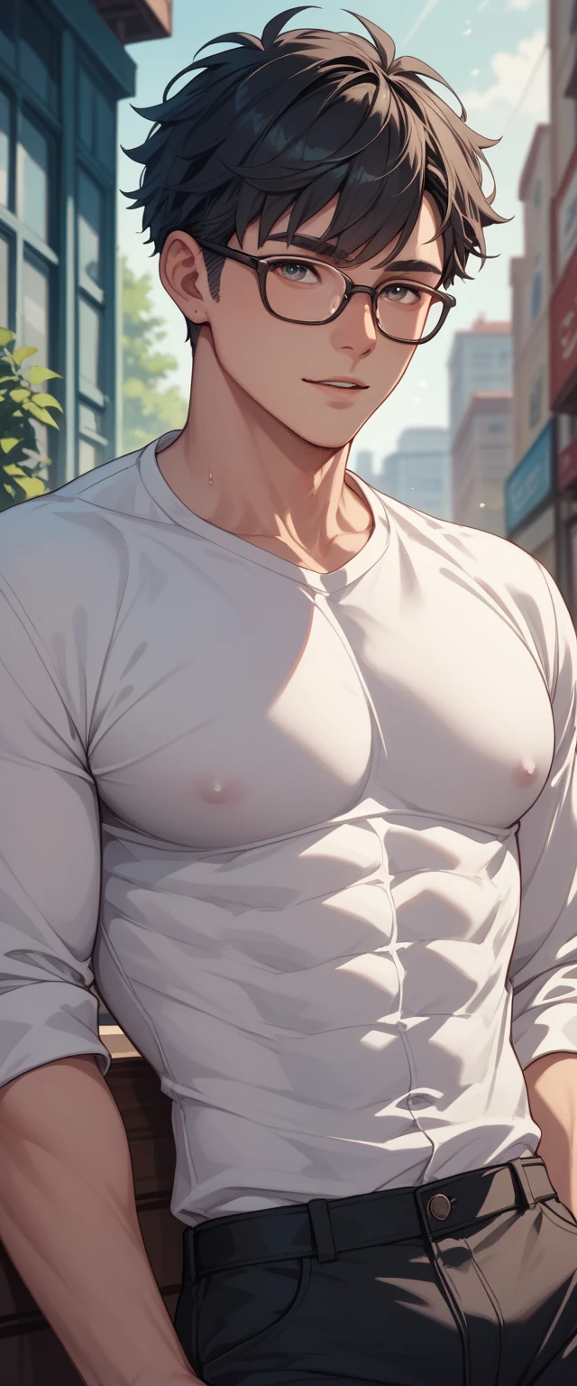 score_9, score_8_up, score_8, 1boy, 20 years old, handsome, horny, short brown hair, green eyes, Seductive look, white tshirt, medium chest, one pec out, pec grab, pov from below, lucy heartfilia, gay, homoerotic,