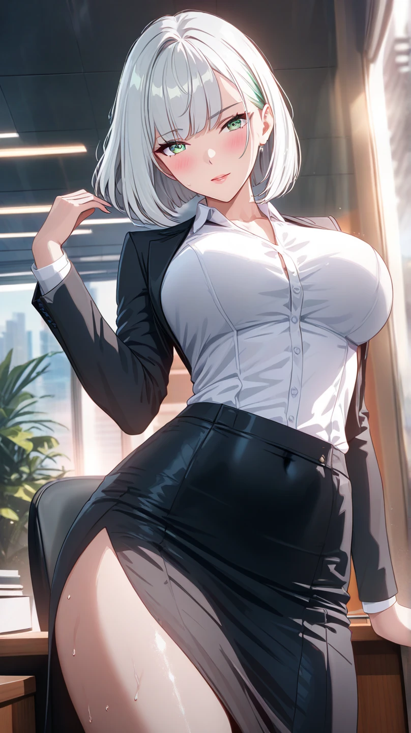 8k, RAW photo, best quality, masterpiece:1.2,1girl,mature female,cleavage,((White_hair:1.2)), (office_lady),cowboy shot、(wet skin:1.2),