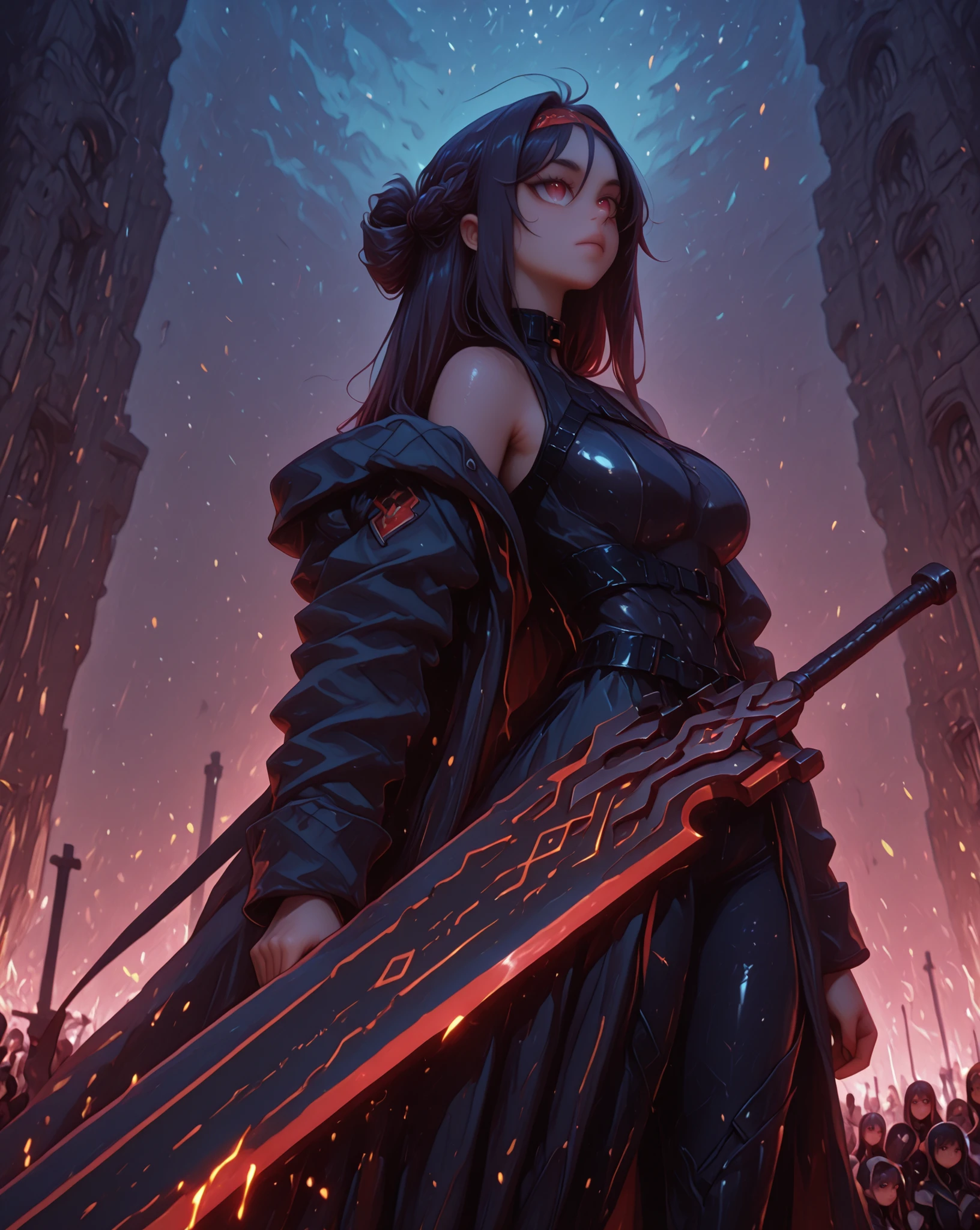 ultra realistic 8k cg, epic, perfect artwork, masterpiece, (fantasy:1.1) cityscape, (scifi, neon), daytime, ((one female, ((facing away from viewer, turned around):1.2), small, side frame, not main focus), <lora:adventurers_v1:0.6>, (battle-coat, long skirt, paladin)), charturnerv2