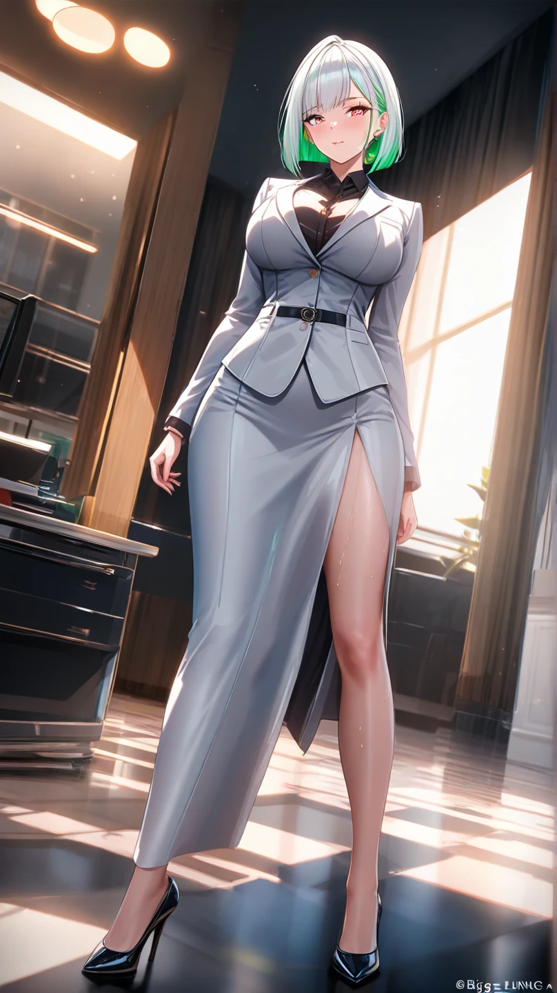 Beautiful woman with mid straight wavy black hair with brown eyes wearing a Mock Neck Cut Out Dress, Sexy Criss Cross Mock Neck Dress With Short Sleeves, luxurious jewelry and luxurious necklace, rimless glasses, high heel shoes, standing in her office room at night, (caucasian skin), (light brown lipstick), (elegant mascara), (slim body with abs), (small breasts), (wide hips), midjourney, <lora:GoodHands-, <lora:GoodLegs-, UHD, high resolution, (masterpiece:1.9, best quality), (expressive eyes, perfect face, full body, expressive face, perfect body, perfect pussy, athletic, fit, slim body, blushing, Perfect makeup, eyeliner, beautiful eyelashes, smiling, horny face), ((best illumination, best shadows)), ((sexy pose))
