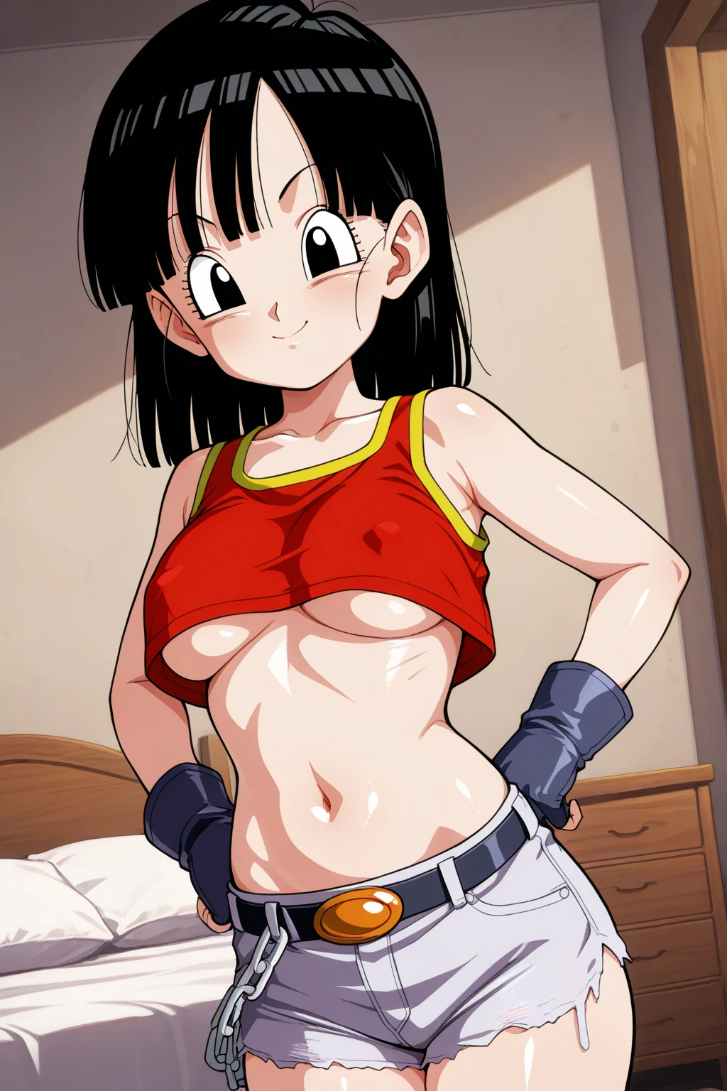 fountain_cheered up, score_9, score_8_above, score_7_above, cheered up screencap,8k, absurd resolution,
Pan \(Dragon Ball\), 1 girl, Alone, looking at the viewer, short hair, hits, black fur, session, whole body, black eyes, chain, denim, orange scarf, retro artStyle, female , v shaped eyebrows, from below, rock, diaphragm, clavicle, 1990s \(Style\), sexy body, medium ass, medium tits, sexy ass, medium breasts, underwear, naked