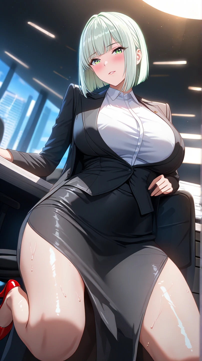 masterpiece, high quality, detailed eyes,
1girl, nikkebrid, low ponytail, hair over one eye, (woman:1.2), large breast, (voloptuous:1.2), (thick ass:1.0), (tall, leggy:1.0), glistened skin, oiled skin, shiny skin, smile, (muscular:0.7), (pubic tattoo:1.0),
solo, looking at viewer, indoors, office, night, (contrapposto:1.0), standing, garrison cap, (sleeveless shirt), (pelvic curtain, loincloth:1.2), blue necktie, belt pouch, elbow gloves, necklace, navel, heart earing, choker, thigh strap, covered nipple, cameltoe, cleft of venus,