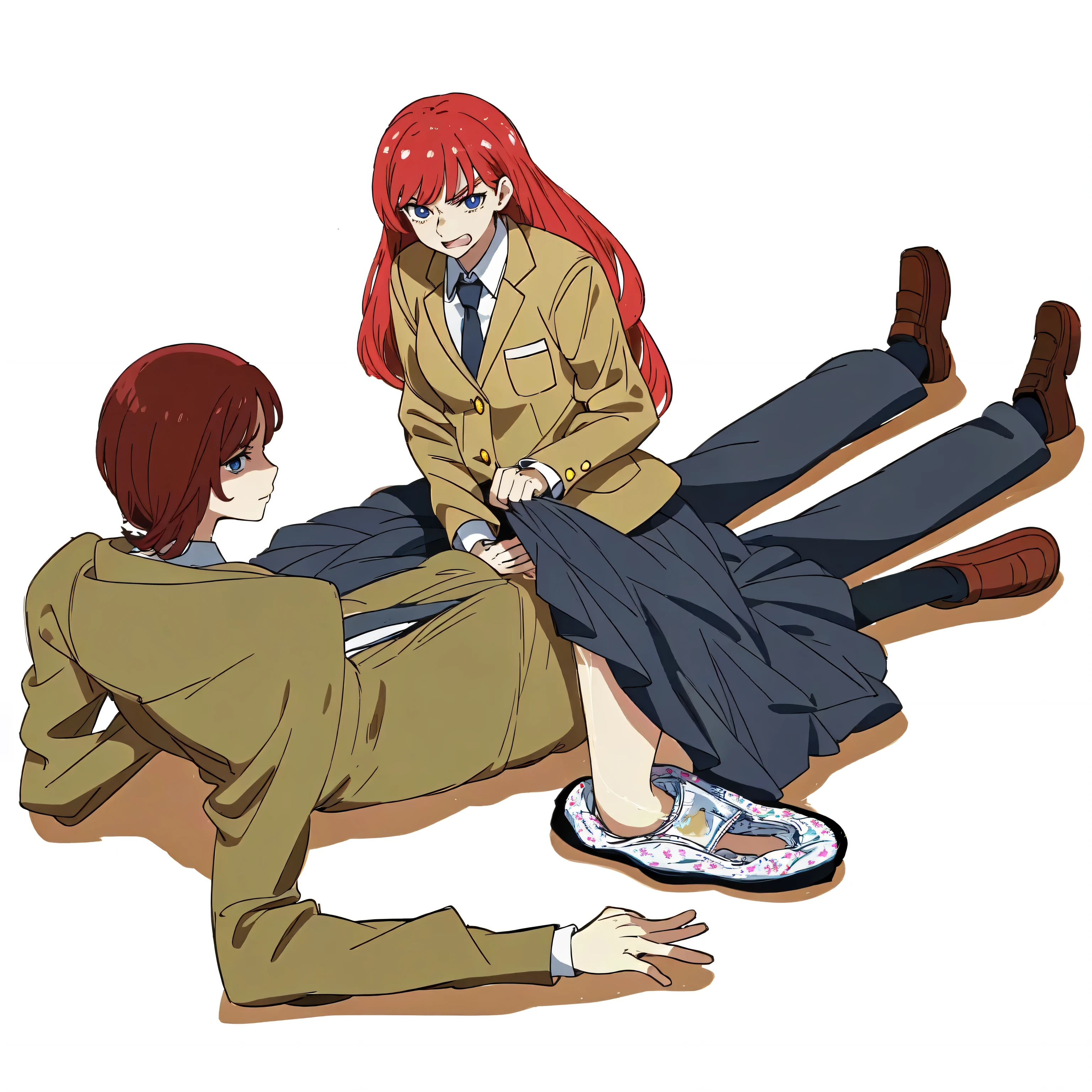 (DOF:1.5), (best quality:2.0), (masterpiece:2.0), (super fine illustration:2.0), (beautiful artwork:2.0), (anime screencap:2.0), (official art:2.0), (in the library:1.5), (best quality:2.0), (masterpiece:2.0), (super fine illustration:2.0), (beautiful artwork:2.0), (anime screencap:2.0), (official art:2.0), (pulled detailed cotton flower printed dirty panties:1.0), (a 20yo man:1.0), (a man wears business suit and puts on business shoese:1.0), (a man lies on one's back:1.0), (a girl is angry:1.5), (a girl is straddling on a man:1.0), (full body:1.0), (HSGα:1.0), (a 18yo cute girl:1.5), (long skirt:1.0), (dark blue skirt:1.0), (pleated skirt:1.0), (school uniform beige blazer:1.0), (red necktie:1.0), (loafers:1.0), (black socks:1.0), (ideal ratio body proportions:1.5), (lanky:1.5), (tall:1.5), (slender:1.5), (small breasts:1.5), (smaller face:1.5), (tareme:1.0), (detailed beautiful eyes:1.0), (detailed beautiful face:1.5), (glowing black eyes:1.0), (long hair:1.0), (brown hair:1.0), (looking at viewer:1.5)