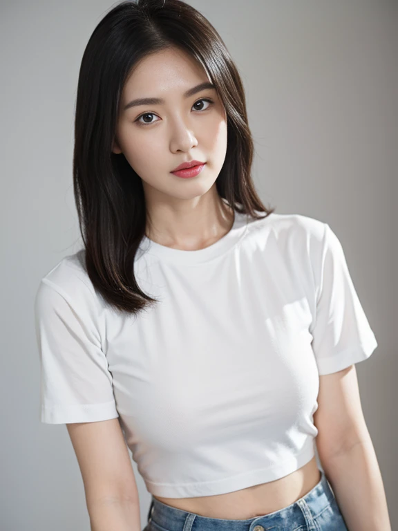 Highest quality、masterpiece、Ultra-high resolution、(Realism:1.4)、1 girl、Tshirt、On a white background、Deep Shadow、Low Key、Shortcuts、Upper Body、sex appeal