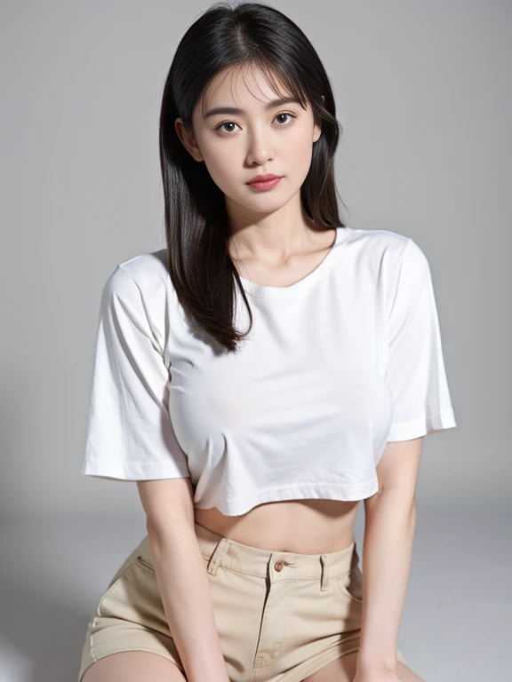 "Model , white background, elegant pose, clean and minimalistic, high contract, focus, lighting, portrait orientation, modern fashion photography style."
