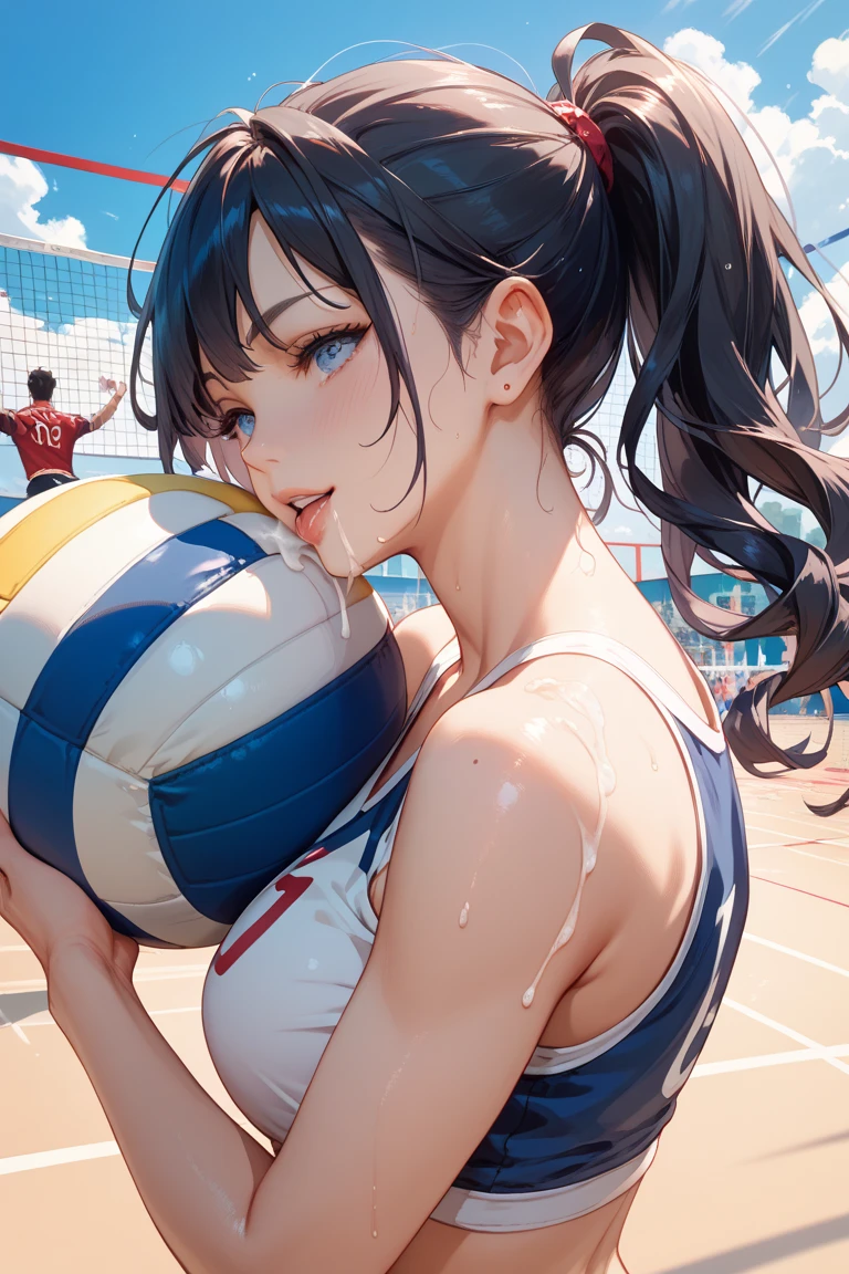 Volleyball player girl,summer,In front of the gym court,With the ball,8K, Highest quality, masterpiece