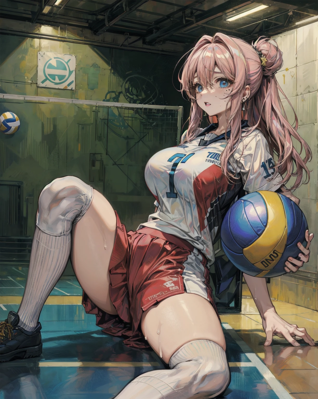 unity 8k wallpaper, anatomically correct, (((masterpiece))), (((best quality))), (((ultra detailed))), (((high-resolution))), ((super fine illustration)), ((Ultimate cutie)), ((perfect hands)), ((perfect finger)), (((good anatomy))), detailed beautiful face, shiny hair, (((gyaru))), (potbelly), (curvy), medium breasts, ((Thick thighs)), (((solo))), ((seductive smile)), (((blush))), ((half open mouth)),
BREAK, (((sit astride the spherical shape 6-inch volleyball))), (((straddling on the spherical shape 6-inch volleyball))), (((Put crotch right the spherical shape 6-inch volleyball))),
BREAK, (((Rub the spherical shape 6-inch volleyball against crotch)))),
BREAK, (Collared volleyball uniforms), sleeveless, ((buruma)), ((kneepad)), (elbow pad), (((sweat))), (((covered in sweat))), ((deep breathing)), in Volleyball Court, indoor, lighting, looking at viewer, full body, (spoken heart)
