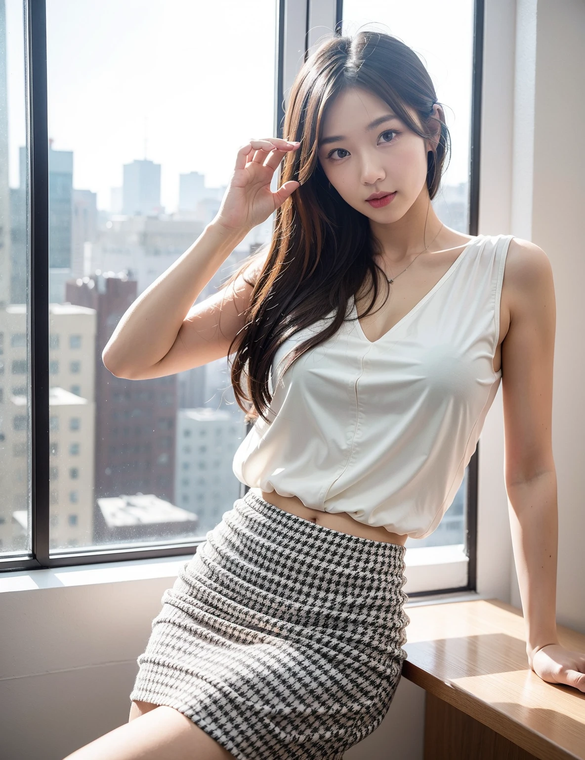 sitting on luxury sofa, pov from front, (tshirts), (mini skirt), (short skirt), (upskirt), (open legs), (spread legs), (spreading legs), (open crotch), (spread crotch), (spreading crotch), (visible panties), (panties inside skirt), front view, long hair, (detailed face), (window, night city view), at luxury bedroom, tempting pose, cowboy shot, mouth closed, black eyes, 1 girl, 20yo,Young female,Beautiful Finger,Beautiful long legs,Beautiful body, beautiful breasts, beautiful nipple, beautiful vagina, Beautiful Nose,Beautiful character design, perfect eyes, perfect face,expressive eyes,perfect balance, (looking at viewer), official art,extremely detailed CG unity 8k wallpaper, perfect lighting,Colorful, White skin, (masterpiece:1.0),(best_quality:1.0), ultra high res,4K,ultra-detailed, photography, 8K, HDR, highres, absurdres:1.2, Kodak portra 400, film grain, (vibrant_color:1.2),professional photograph, (Beautiful,huge_Breasts:1.4), (beautiful_face:1.5),(narrow_waist)