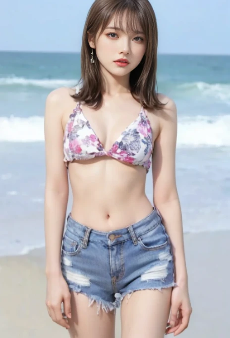Absurd, RAW Photos, Very delicate and beautiful, masterpiece, Highest quality, Ultra-high resolution, 16K, Surreal, Super detailed, Highly detailed CG 8K wallpaper, Beautiful lighting, Perfect Lightning, Realistic Shadows, Perfect Anatomy, Highly detailed skin, Perfect figure, Japanese women, 20th Generation, Very slim figure, Tight waist, very small head, Handsome detailed woman, Highly detailed eyes and face, Realistic Face Proportions, Stunning eye for detail, Realistic beautiful face, Very small face, Realistic small beautiful eyes, double eyelid, compensate, Tearful mole, Mole on chest, Earrings, barefoot, beautiful and very thin legs, Beautiful and very slim thighs, (Very big round breasts:1.4), (Full Body Shot), bangs、short hair, Wavy Hair, Sweat,bangs:1.5), (Waikiki beaches:1.3), (Wet body, Vintage Aloha Print Off-Shoulder Bikini:1.2), Highly detailed face, Detailed lips, Fine grain, double eyelid,Dynamic pose、Water&#39;s Edge、(Seagull:1.3), ponytail、((sitting on the sand: 1.2)), ((At Waikiki Beach, Hawaii)), ((Upper body shot, looking at viewer, distance from side)),