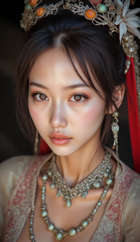 (8k, 4k, best quality, highres, ultra high res:1.1), (masterpiece, realistic, photo-realistic:1.1), 1girl,  face, close-up, colorful hijabi, red lips,((big breast)), (big cleavage), (big cuvy hips), (narrow waist )  (looking at viewer:2), long eyelashes, eyeshadow,  small face, big eyes,bare shoulders, high contrast,ultra-high-definition, outstanding details, 8K, Blush face, attractive collarbone, sexy shoulders, blushing cheeks, nikon z9, 30mm lens, sharp focused face, f/4, iso 200, shutter 1/250, beauty light, medium shot, raw ,intricately detailed, award winning photograph, good contrast, high sharpness, facial symmetry, bokeh, ultra-detailed