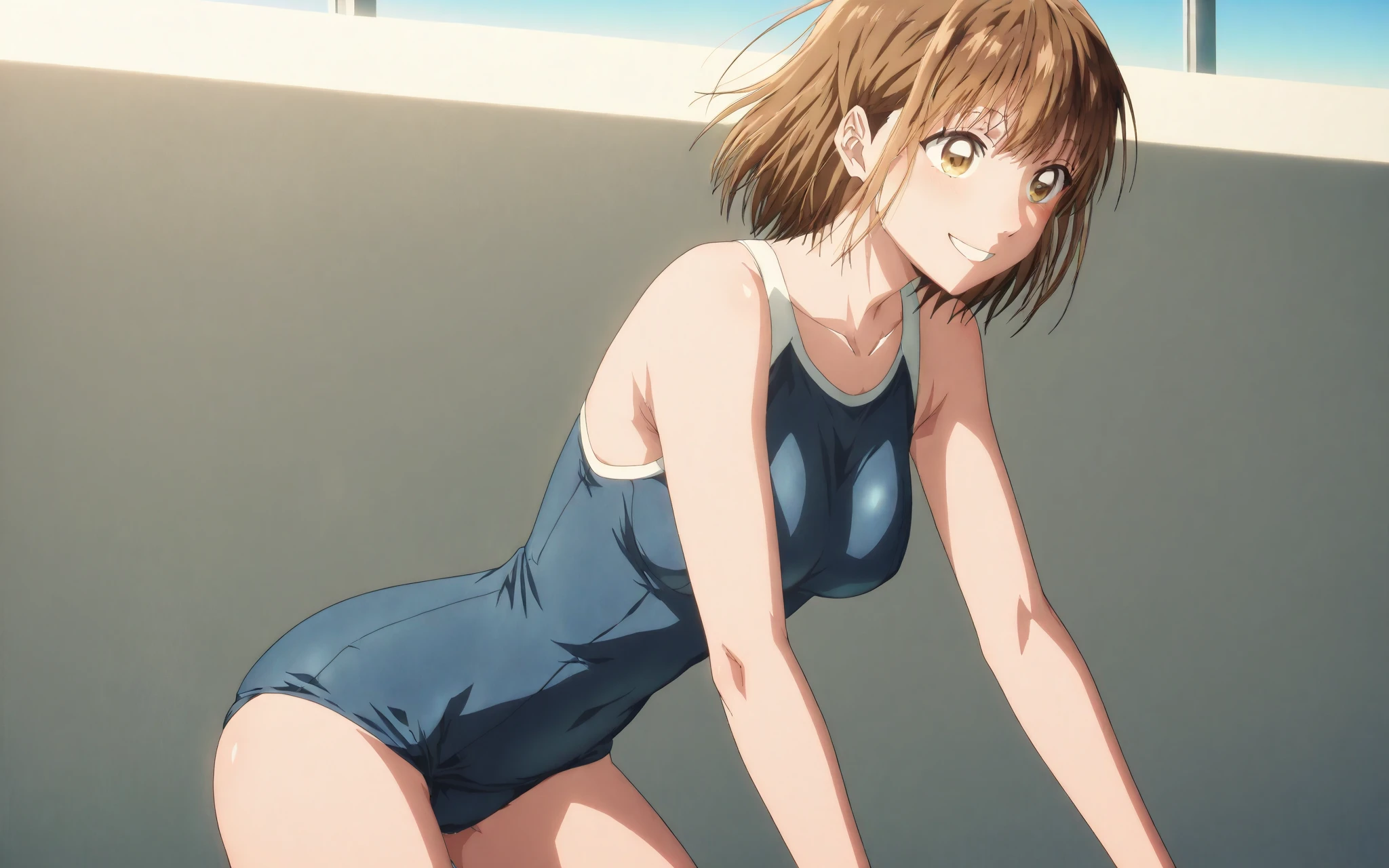 a drawing of the cute anime girl laying on her back in a pink suit, 1girl, solo, leotard, athletic leotard, blue eyes, brown hair, ponytail, pink leotard, ribbon, gymnastics, ass, lying, long hair