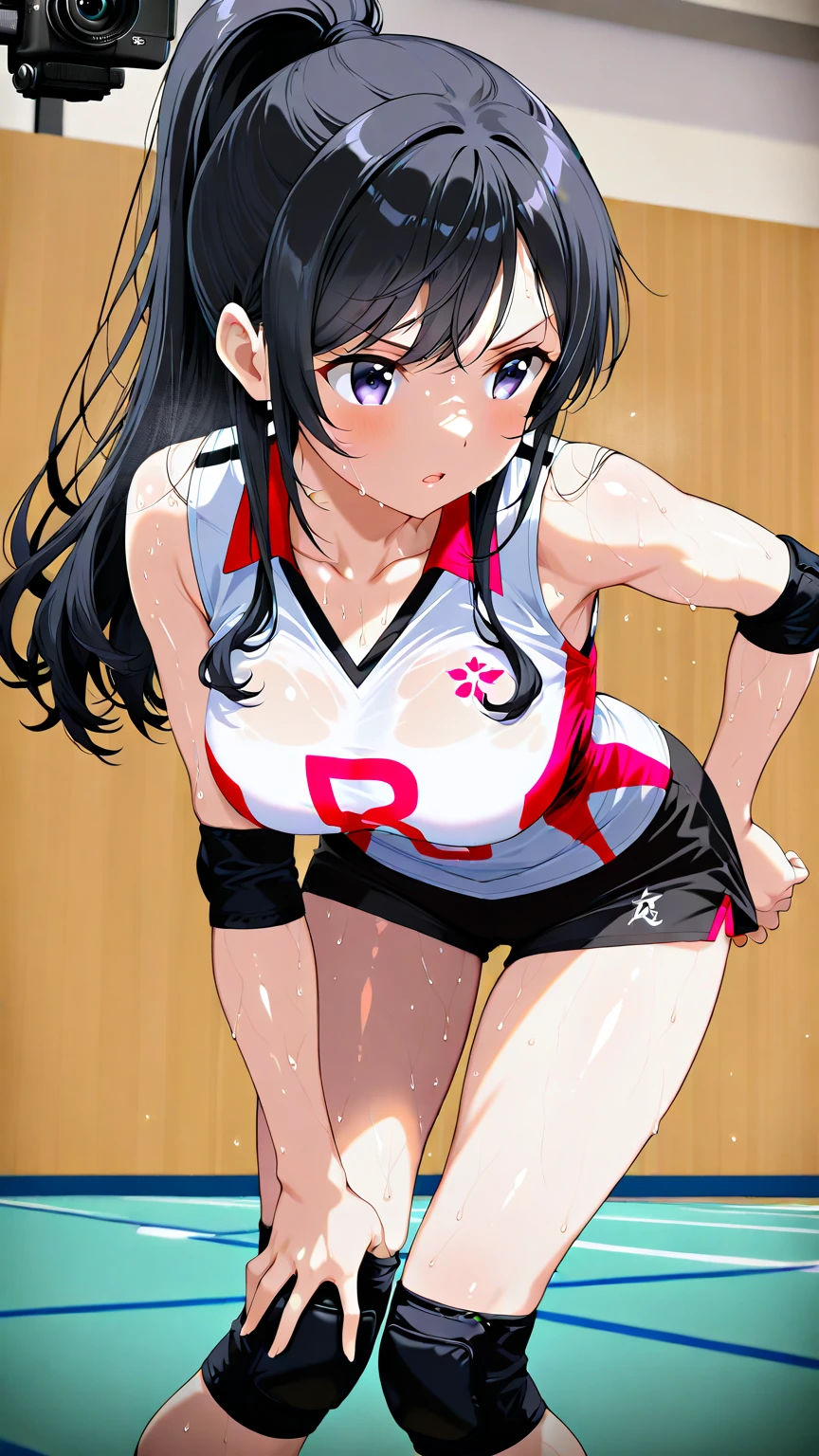 Woman, Athletic and toned body, light skin tone, long black hair tied in a ponytail, green eyes with a penetrating and seductive look, breasts big, exciting look, white bear pajamas, short shorts and a top showing off a defined tummy, she is on a volleyball court, cute pose