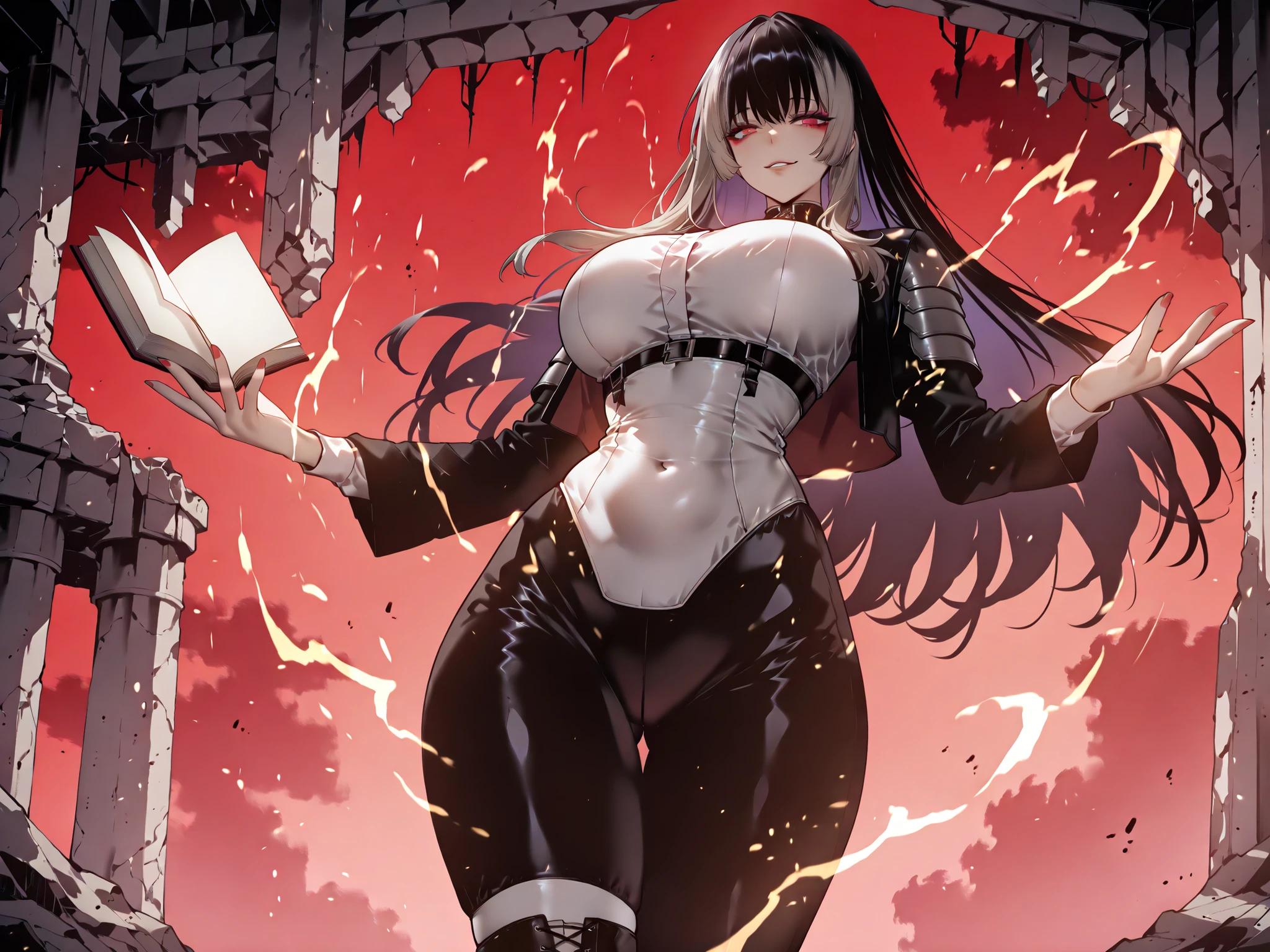 Ball of Light、雷magic、taken from below、caveの中、Ruins、black suit、black longsuit、 black long jacket、ゴスロリなshirt、Depressed、Tall Woman、A woman in her thirties、 Alassah's woman、Steins;Gate、 black longsuit 、score_9, score_8_up, score_7_up, Source_anime,masterpiece、No expression、no makeup、top quality,Beautifully Detailed Eyes, Exquisite Eyes、A sophisticated eye、highly detailed eyes and faces,unmotivated expression、lethargic face、 long breasts, Black Jacketを羽織る、Black Jacket、shirt, big saggy breasts, shockingly big breasts, big breasts,big boobs、boobs 、Zitoida, makeup、no makeup、long hair、smooth straight hair、black slacks、tall woman、Tall Woman、plump thighs, parted lips、 shining eyes,(Fire Aura Onkown),dungeon内、Crimson Eyes、long hair、dark haired、黒い髪、long straight hair、dungeon、cave、Ruins、solo、soloプレイヤー、Wide ass、beautiful butt、stick your butt into the focus of your butt、long boots、Shoulder Armor、Fearless Laugh、strong、Is confident、suit pants、黒いlong pants、Black Skinny、long pants、Dynamic、Satu、fight、Satu狂、俺だけレベルupな件、arrogant、 Confidence々The smile 、bewitching smile、Sadist、Satu中、hunting、hunting、intimidating、magic使い、magic、Spell Book、magic、Spell Book、magicの本、Floating Book、floating book、Pearl of Light、Light Ball、 Floating Books、Flying Book、左手にmagicの玉、plasma、plasma球、Glowing sphere、Flying Book