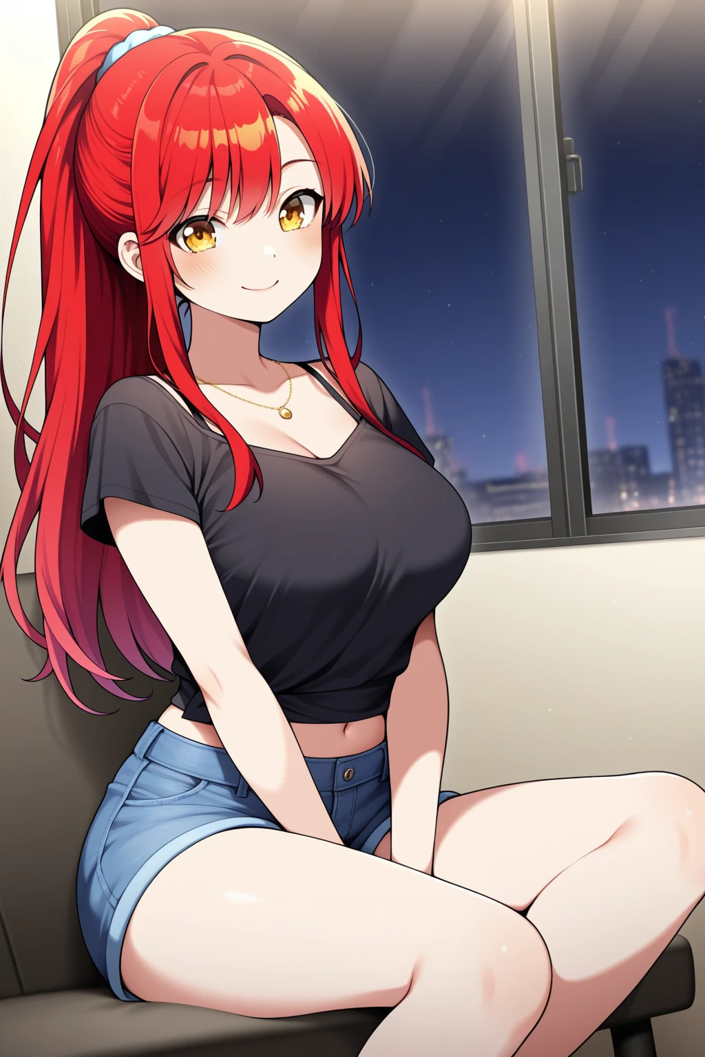 [itsuki nakano, bangs, blue eyes, hair between eyes, ahoge, red hair, star \(symbol\), hair ornament, star hair ornament,], 1girl, anime girl, anime, girl, 2d girl, 16y, (fullbody), seductive smile, blush, cleavage, Solo, Slim, Big breasts, large Breasts, sfw, cowboy shot, Tight Shorts, low waist shorts, upshorts, outdoors, night background, looking at viewer, darker shadows, (((shorts))), (((thigh gap))), (((lowleg shorts))),