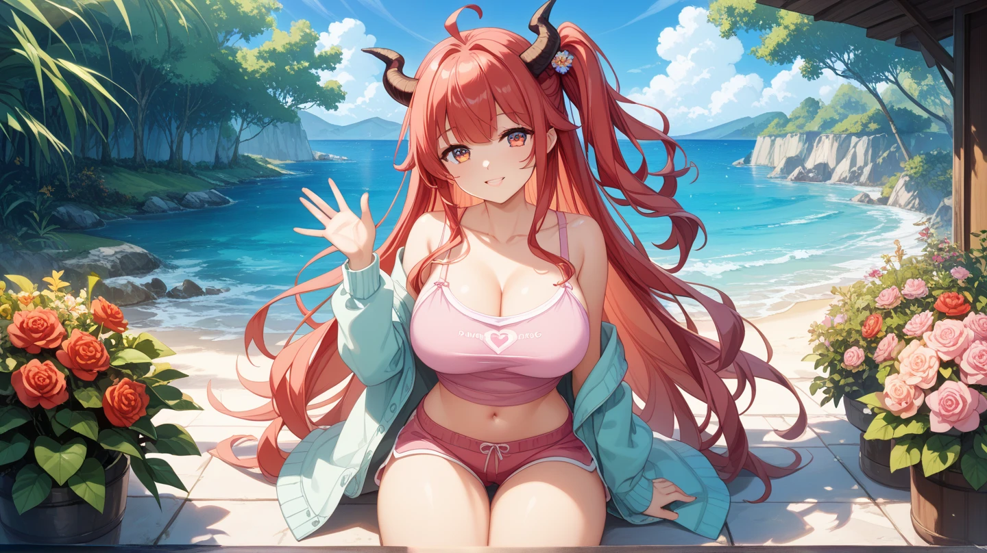 Ram-chan,invader,Very small micro underwear,Face forward and spread your legs wide., Big Ass,Resort Beach, Palm tree,sun, Highest quality, High definition, Orange eyes, Beautiful Eyes, beautiful girl, Big Breasts, blush,（It has two small demon horns on its head.）,Sunlight shining from the front,Big Breasts,Underwear is biting into,smile,Her hair is turquoise green.（,With its mouth open, sharp canines are visible.,）White lace bra and white lace panties,Your underwear is wet and transparent,Low-rise see-through panties,