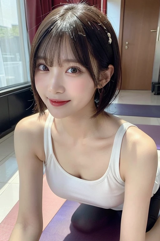 A cute girl age 26 ((women)) portraitwearing nike black bra perfect face, georgious eyes sharp eyebrows,large breasts,fit body, Realistic murals,skin zehragunes,Smile 512 plain silver gradient background , glowing skin bright light