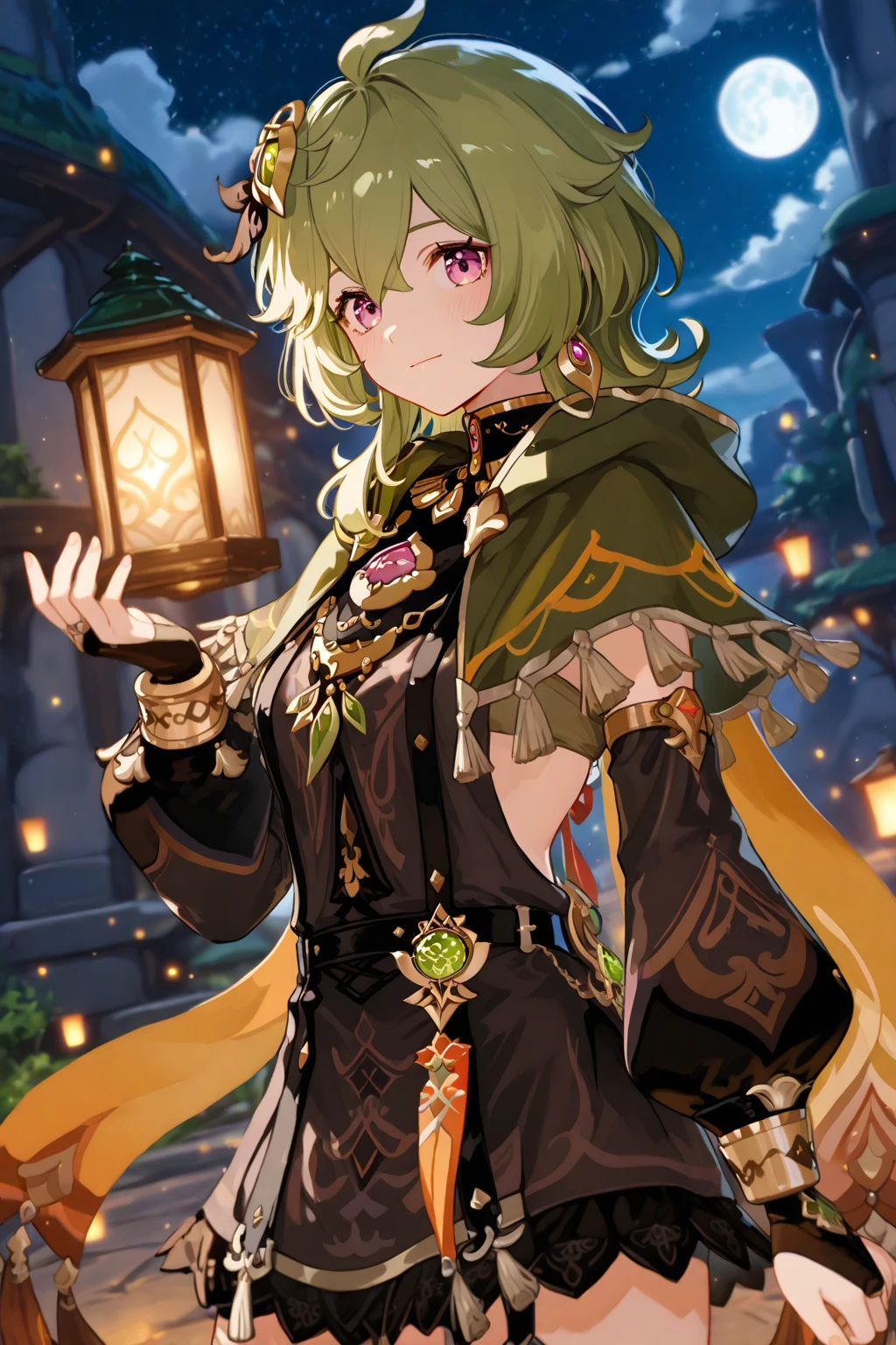 1girl, (solo:1.2), ((masterpiece)), slim, small chest, pale skin, ((detailed eyes)), (bokeh effect), green hair, colleidef, purple hair, hands on hips
