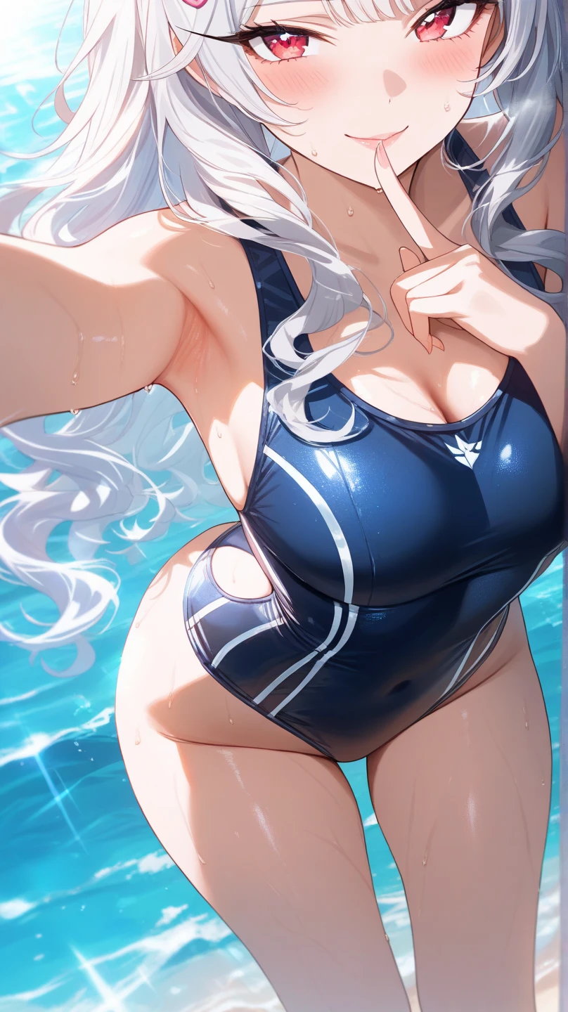 (8K、RAW photo、highest quality、masterpiece:1.2)、detailed background、beautiful and detailed face、beautiful and smooth skin、skin texture、professional lighting、Black square glasses 、cute teen girl,Cute Ponytail,(big breasts:1.2), wet white thin swimsuit、sexual expression、It gets wet and see-through、emphasize the chest、Show 1&#39;~ side、open your legs、smile、sexual expression、water play spot、water play slide