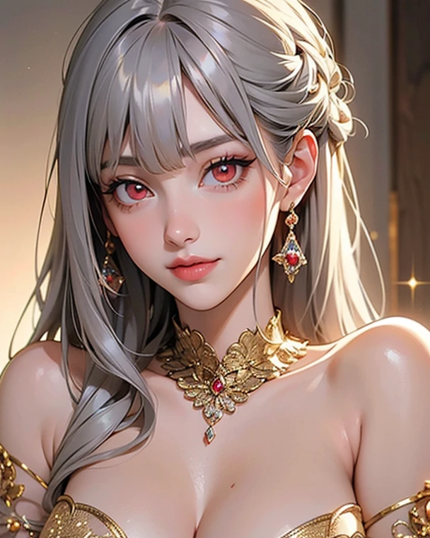 (Highest quality, masterpiece:1.2), High resolution, The highest masterpiece、Very detailed, Realistic:1.37, Fantasy, An illustration,Gray Hair、 ((Fiery red eyes)).Queen, Navy and blue dress、beautifully、Eyeshadow Red、Thick eyebrows、Long eyelashes、pupils are black、shiny on the lips、Top Sites、Queen、Princess、A kind smile、Soft impression、people々々々々Loved by、Slimming the face、Shoulder Bare、ponytail、Kissing Face、(Long white hair).Shaggy Bangs、(Save face image).(Training camp)、(A kind smile)、(Background white)、(Gold Necklace).