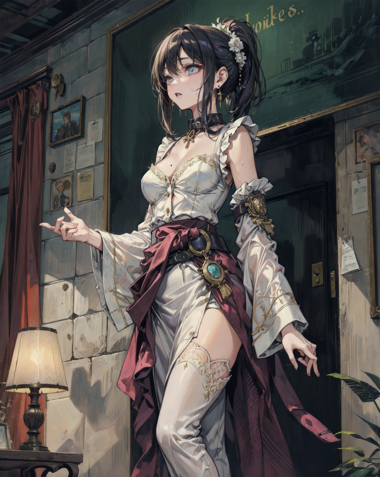 woman tied up in a long sheer gown in the dark cave,solobound, grey sheer dress