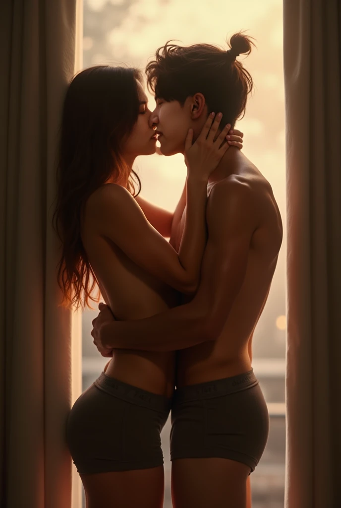 Geto Suguro of 1,90 he is very handsome with a messy samurai half bun, long hair, kissing woman 1,67 cm and curly hair and brown skin, grabbing each other on the bathroom floor and his hand on her ass