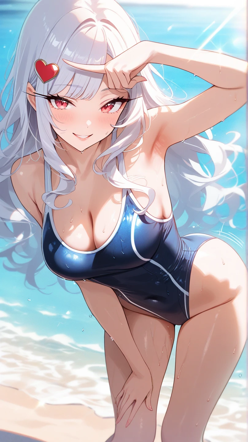 "Dynamic pose of a person with oil-slicked skin, sporting a string swimsuit, and boasting flowing hair. Thigh-high stockings, an Ahegao expression, and blushing and cat ears."