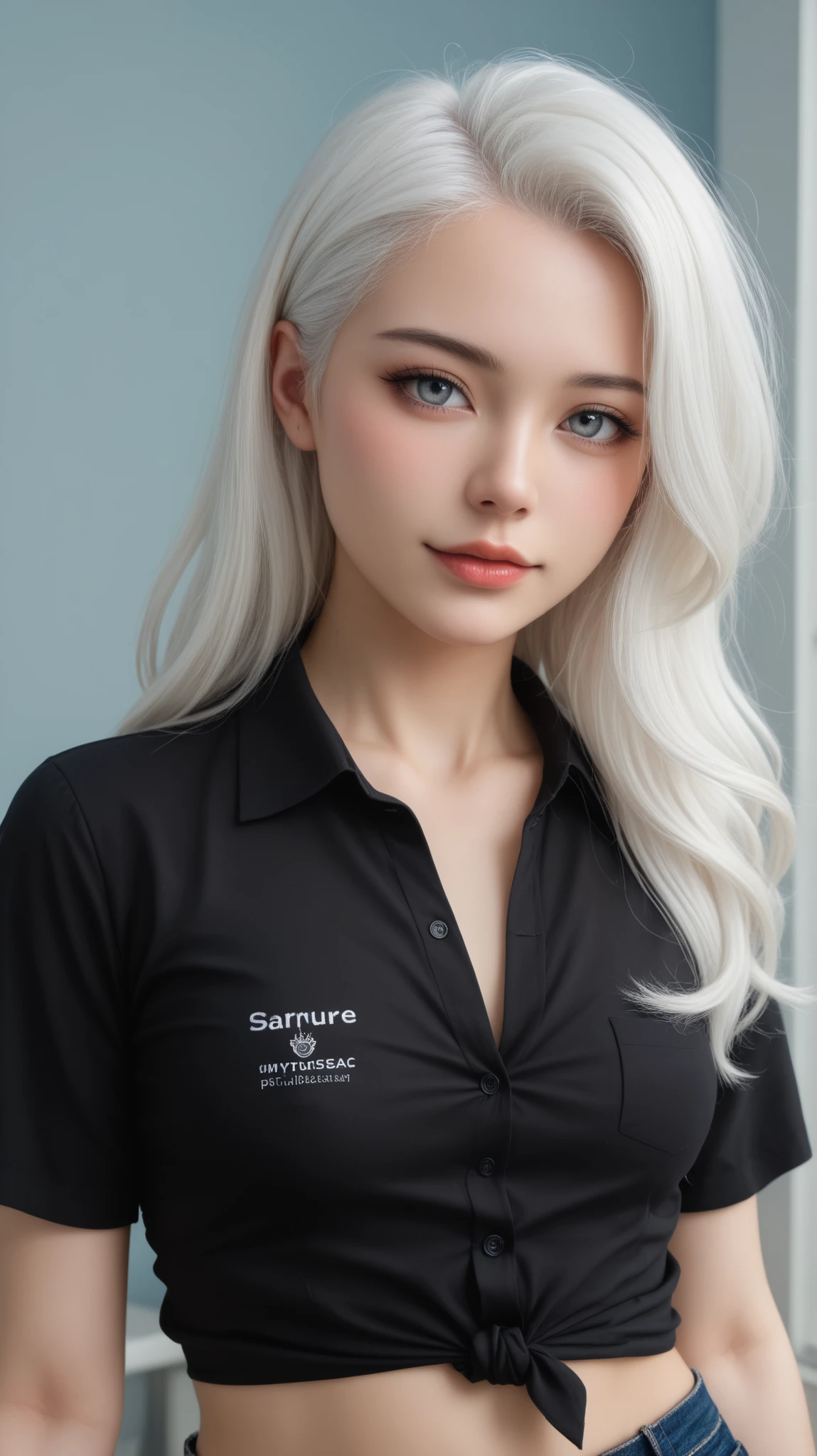 Realistic、realism、Portrait Photo、perfect anatomy、very realistic skin texture、Real Face、no makeup、Small face woman、cute face、Single Girl、 unnuited expression、(((Pure white hair))), Light grey eyes、Beautiful Eyes、(((black shirt、business shirt:1.37、 unbuttoned Y-shirt :1.2)))、small breasts、hotpants、teenager、Morning quiet time、white and pale blue background